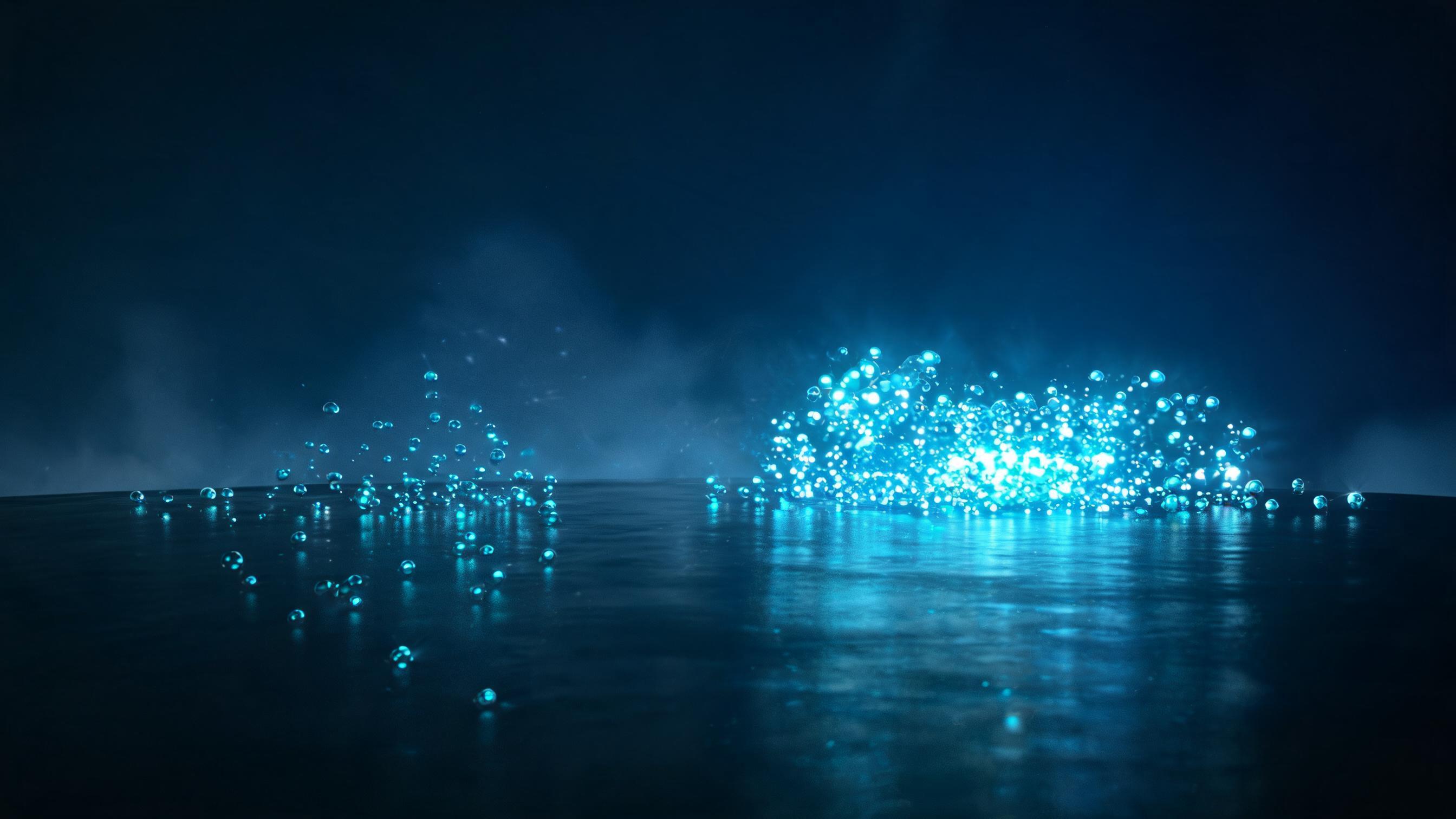 In dark space, luminous particles float and merge above a dense liquid base when its density is sufficient; otherwise, they sink and scatter, symbolizing tech confirmation as prerequisite for effective market investment