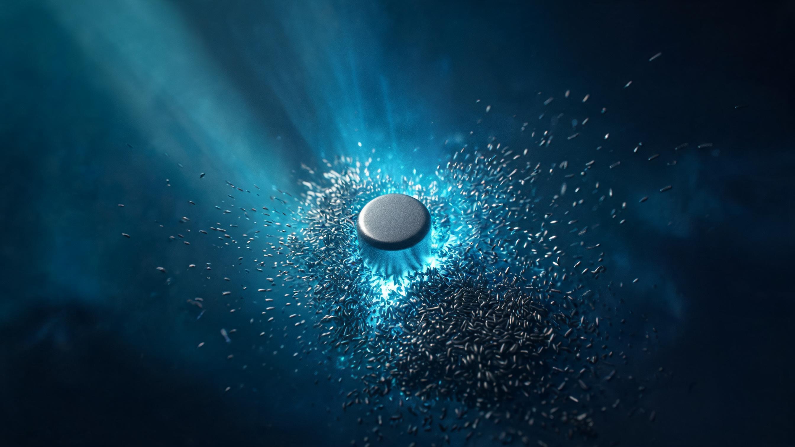 A small faint magnetic core with iron filings accelerating to form an expanding dense cluster, representing AI traffic's small absolute volume but rapid growth
