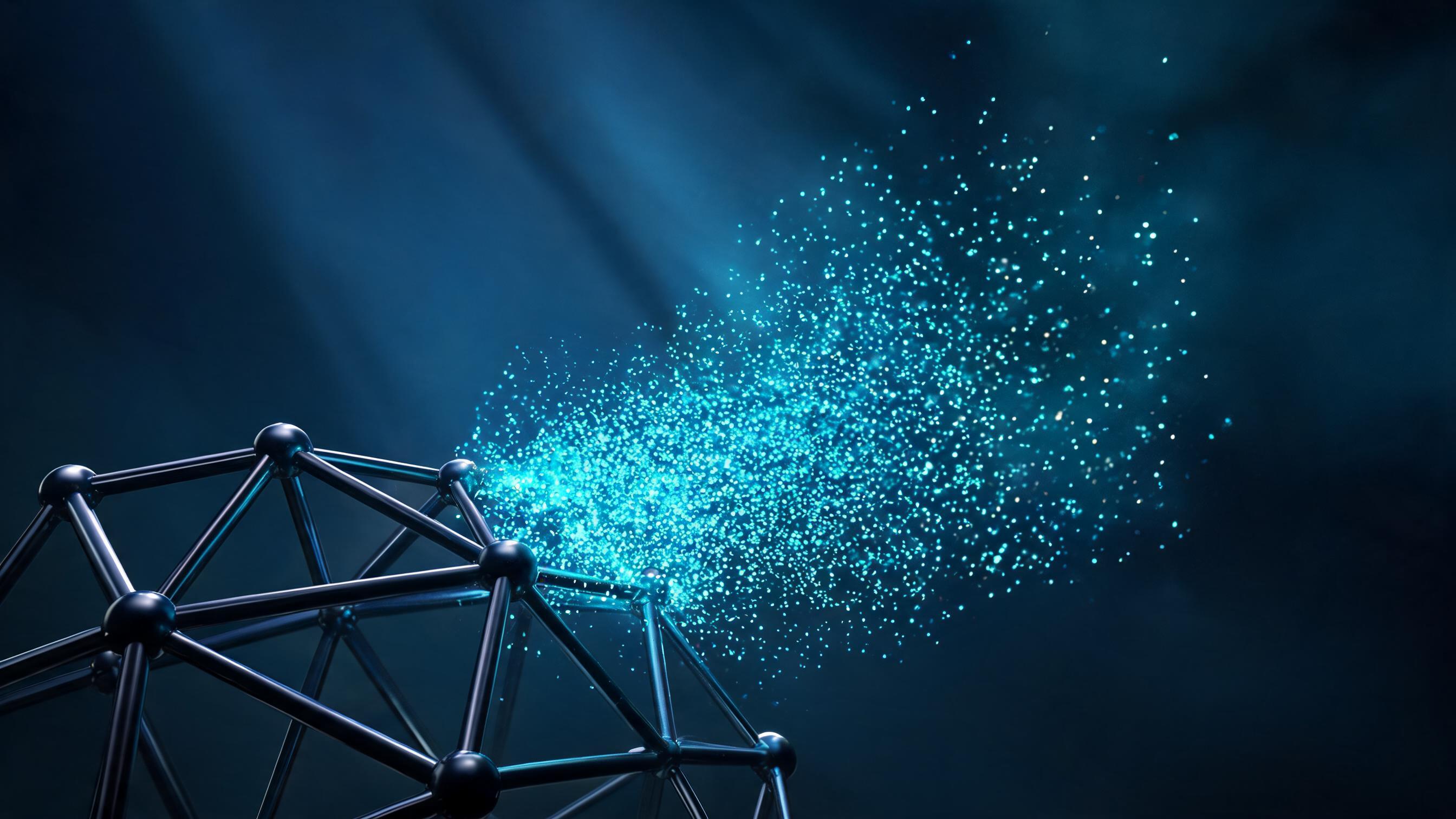 A rigid basal framework with fixed nodes, alongside separate loose particles accumulating into an expanding cluster, embodying the question set's division into fixed monitoring and continuously expanding topic libraries