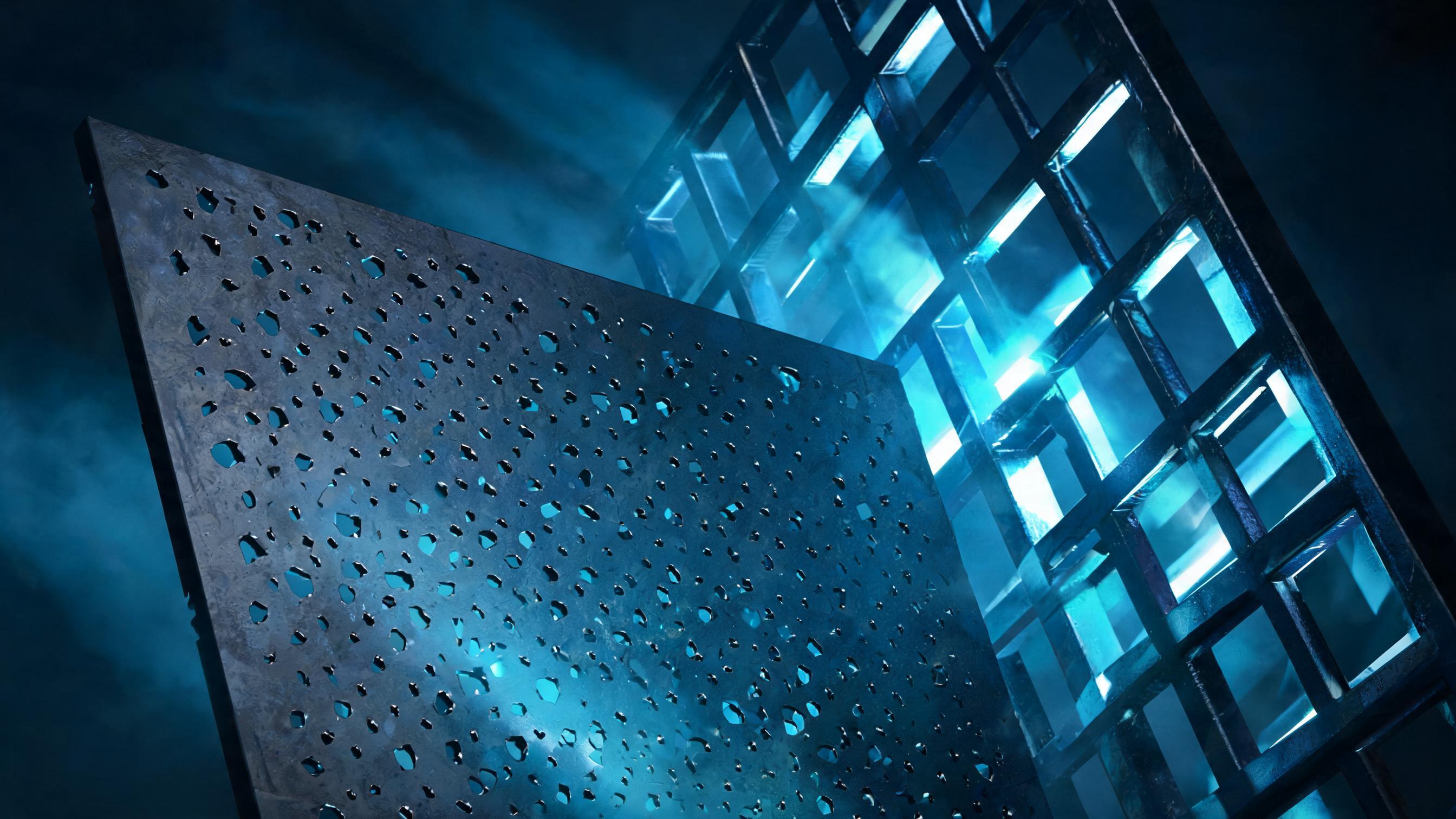 An open lattice with large gaps and a denser front sheet featuring smaller misaligned apertures controlling particle flow, representing how CDN/edge layers override robots.txt declarations