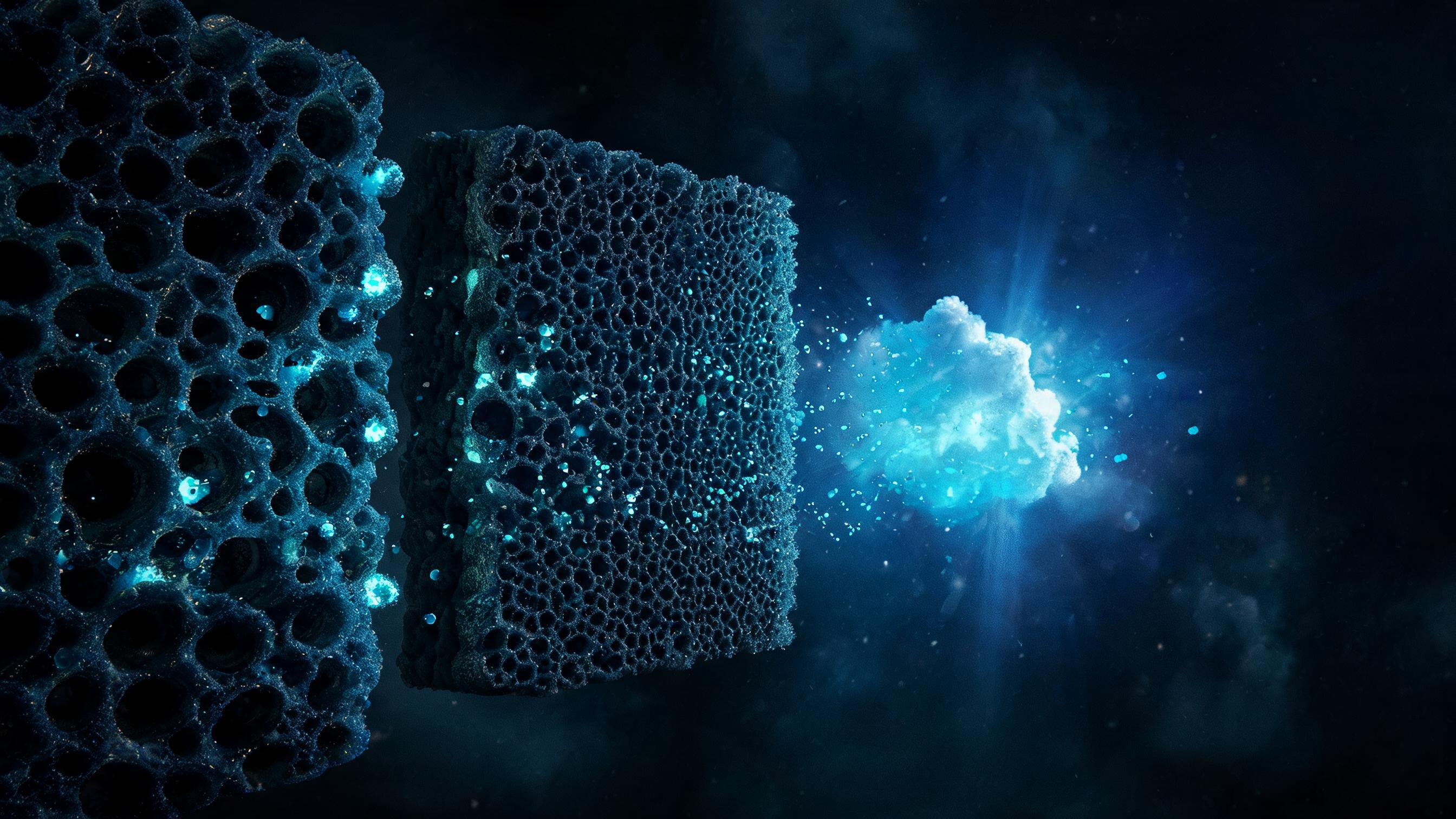 Three foam matrices with distinct pore structures; only particles passing through all three reach and illuminate a central void, representing overseas companies needing to address three structural differences to gain visibility in China's market