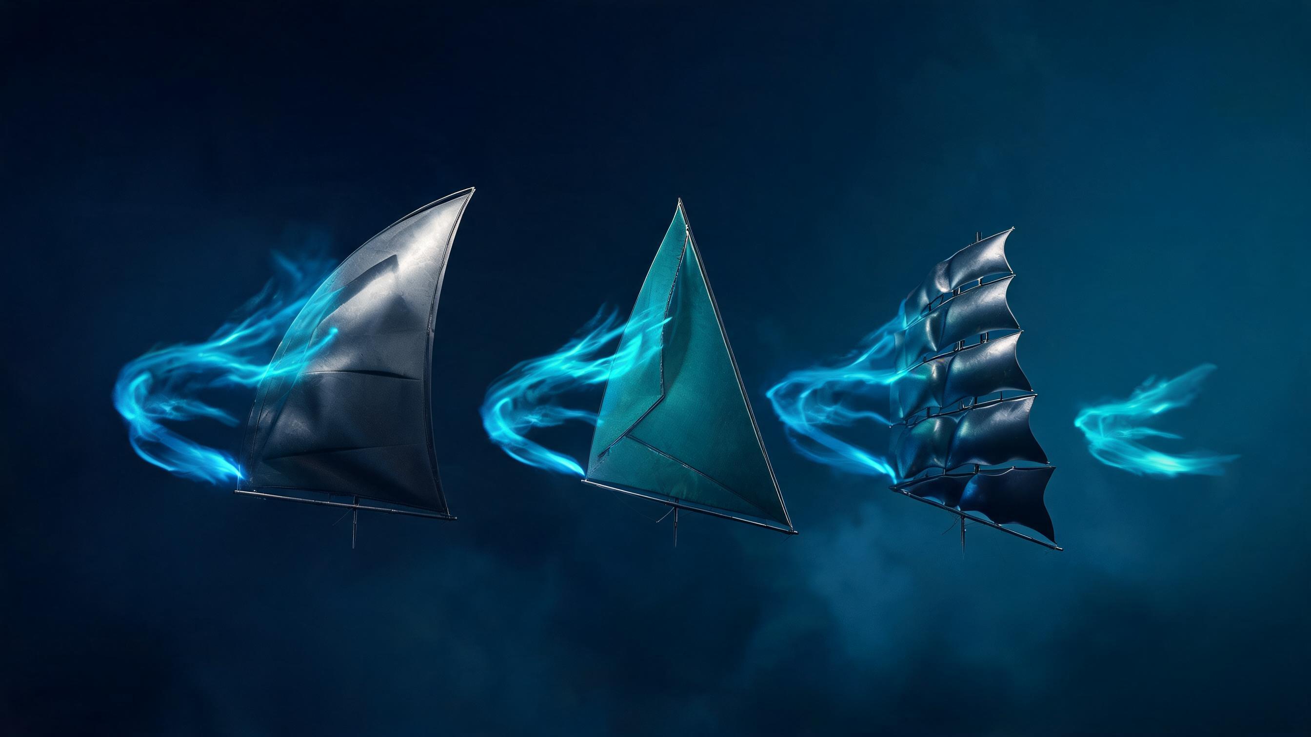 Multiple sails with unique contours, each catching air currents and directing them into separate luminous paths, symbolizing Chinese content platforms differentiating content forms based on audience and AI citation scenarios