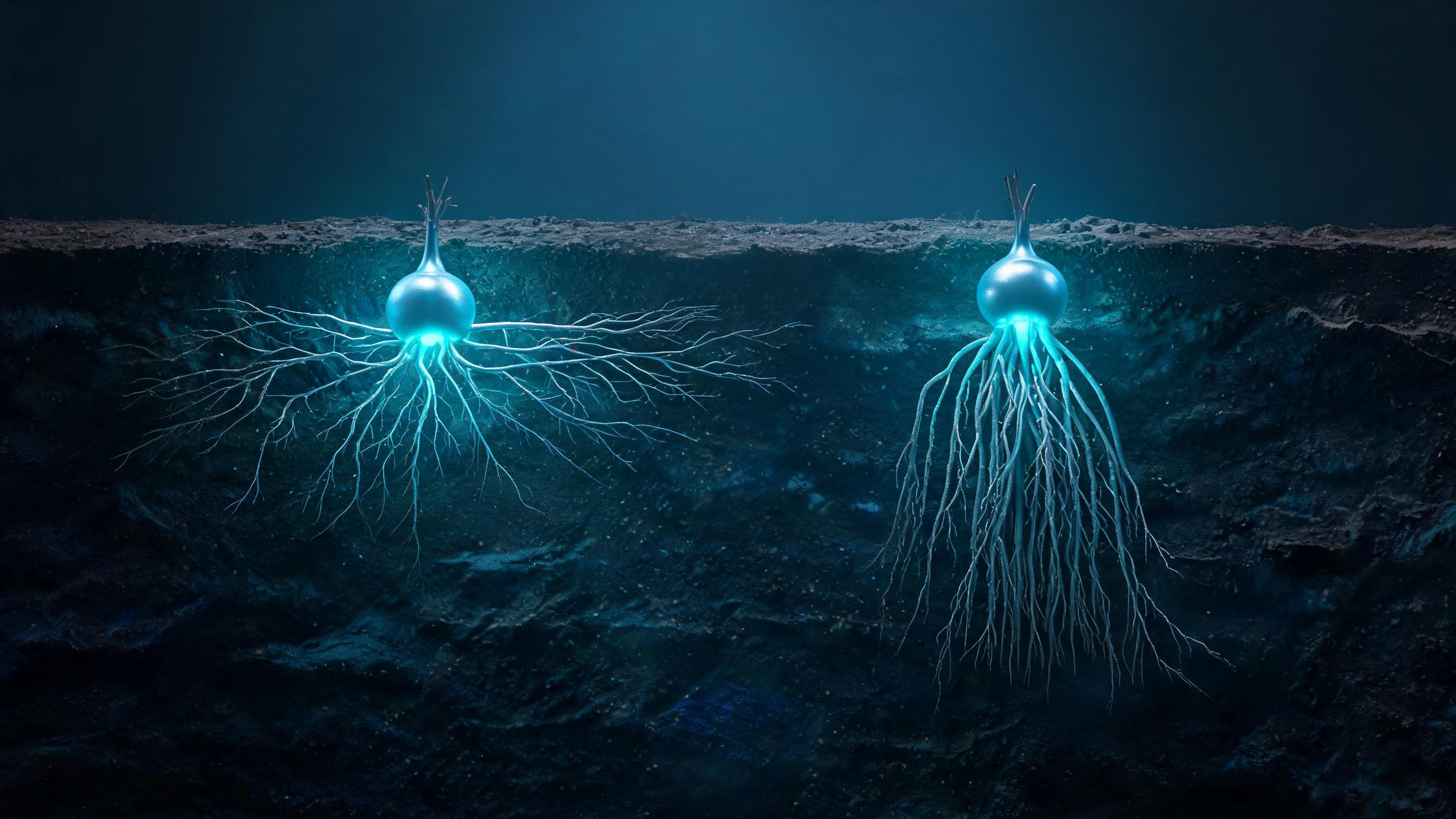 Two root systems growing apart in dark soil, one shallow and widely spread, one deep and tightly bundled, each feeding its own glowing bulb, representing citation source structures that differ between the Chinese and English ecosystems.