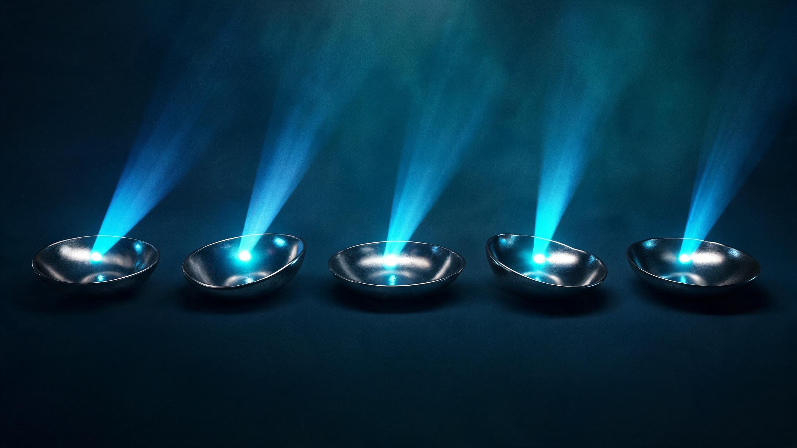 Arrayed concave dishes with unique curvature each capture distinct beams; no overlapping focus, symbolizing content clusters covering non-overlapping sub-queries