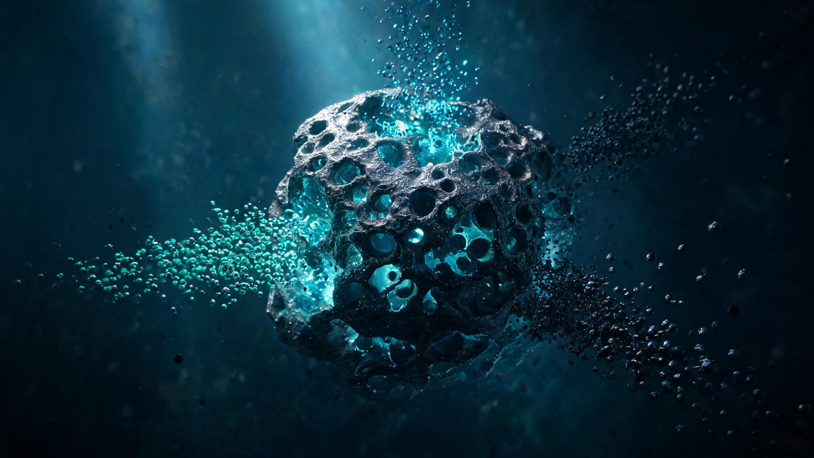 A porous central mass absorbs particles from three distinct clusters, while others scatter, representing the need for overseas tech companies to prioritize key sources where buyers form judgments