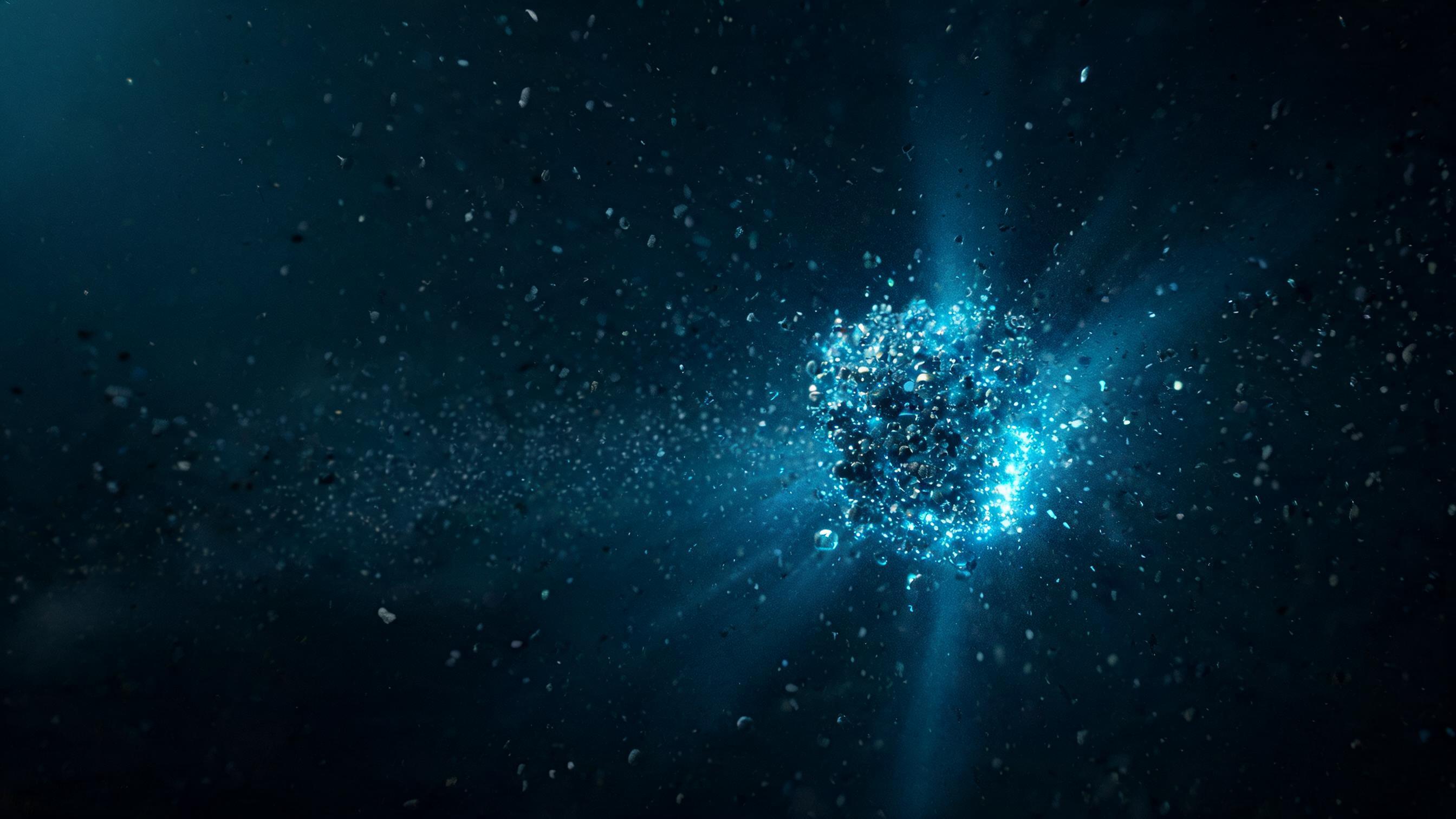 Numerous dim particles drift; only those with distinct measurable attributes accrete into a dense luminous cluster, symbolizing that only data in digital PR forms newsworthy content.