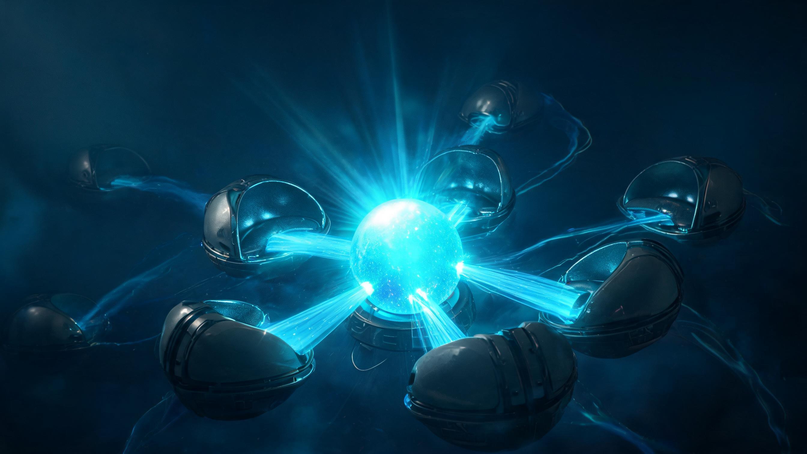A central luminous core surrounded by attached semi-enclosed chambers, from which bright particle streams flow into the core; distant separate chambers have faint, unconnected trails, embodying the ecological belonging and citation preference between Chinese AI platforms and their affiliated content ecosystems.