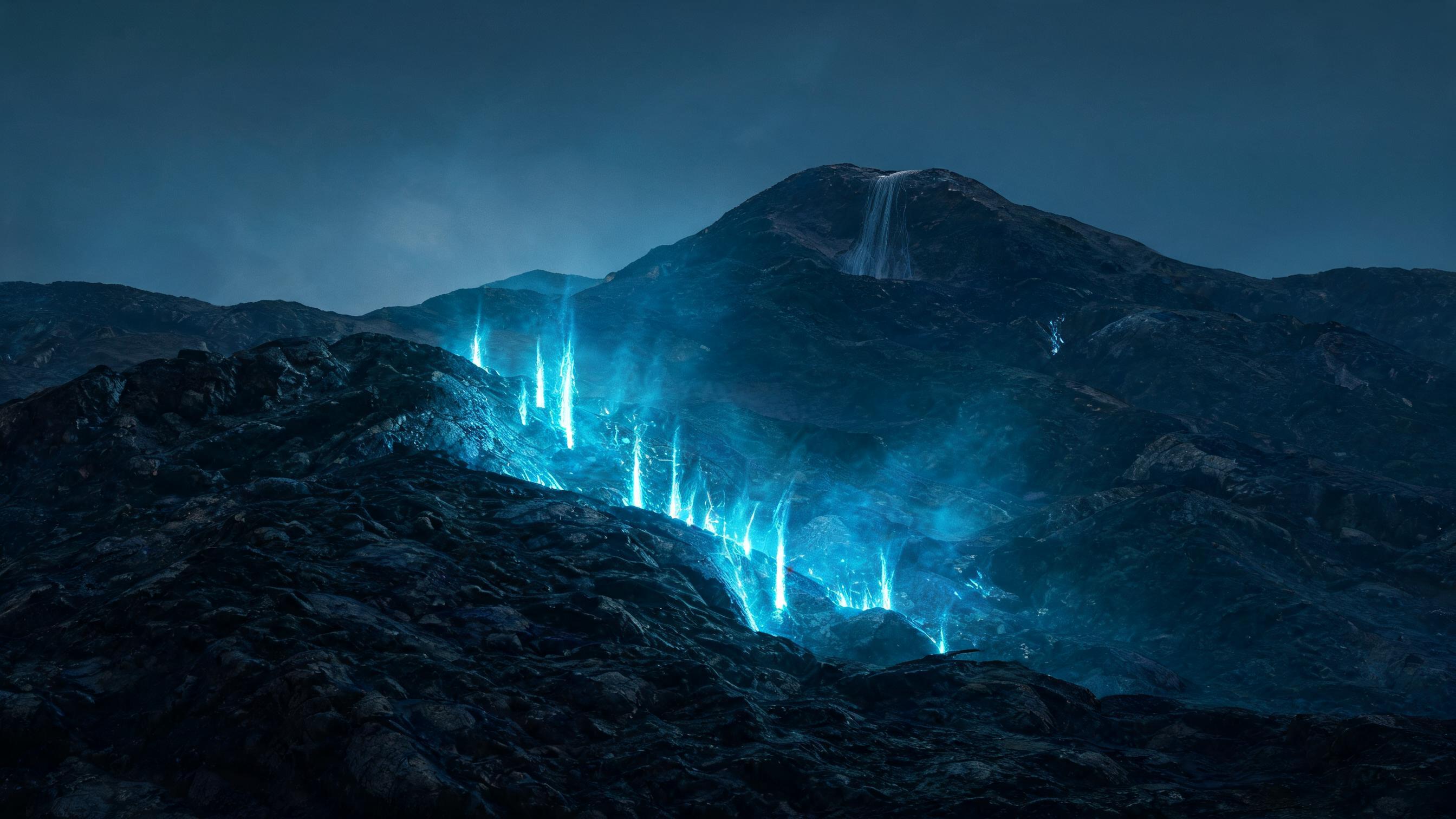 Dark hilly terrain with luminous upward streams on mid-slopes and dim downward trickle at the peak, embodying greater benefits for non-top-tier brands