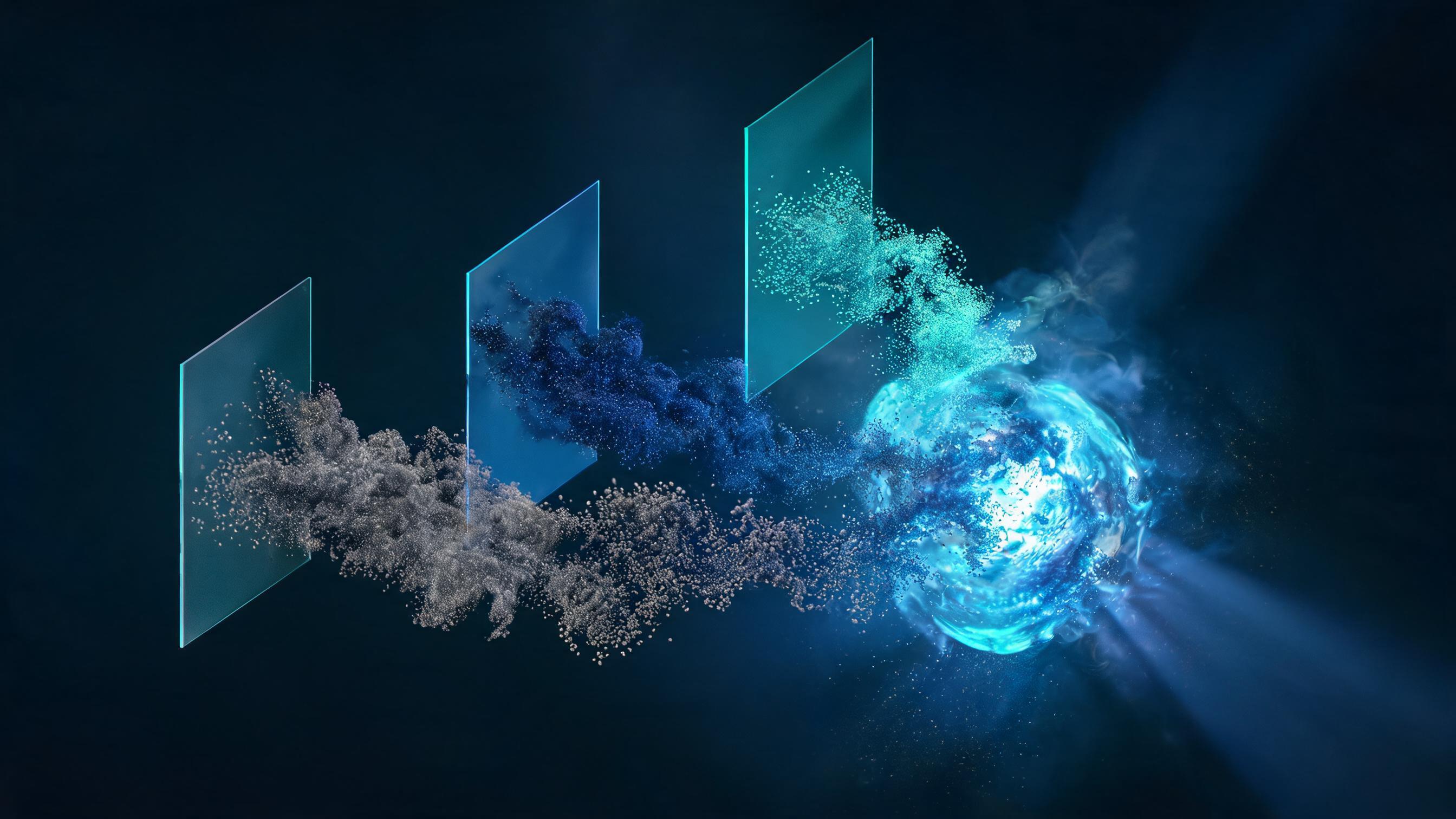 Three distinct particle clouds each pass through unique filters before merging into a dense mass, symbolizing the three causes of AI brand information errors requiring different corrections.