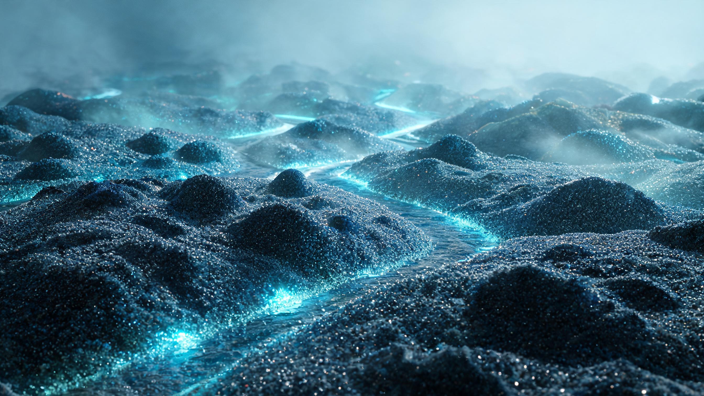 A shallow granular bed with small, irregular mounds; faint, unstable pathways between them embody a track with real demand, small scale, and unformed methodology