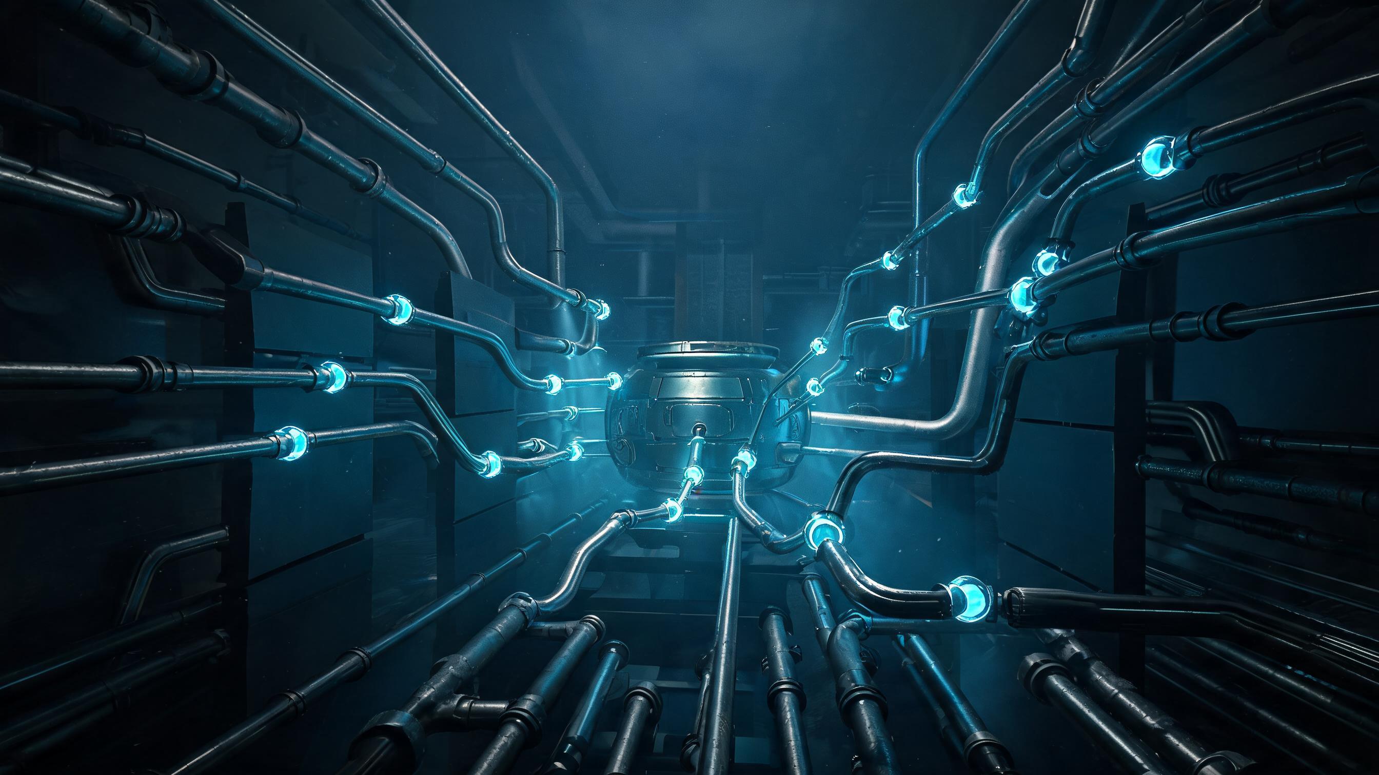 Branching conduits end at translucent barriers; only those with glowing nodes reach the central chamber, symbolizing filtering information based on evidence