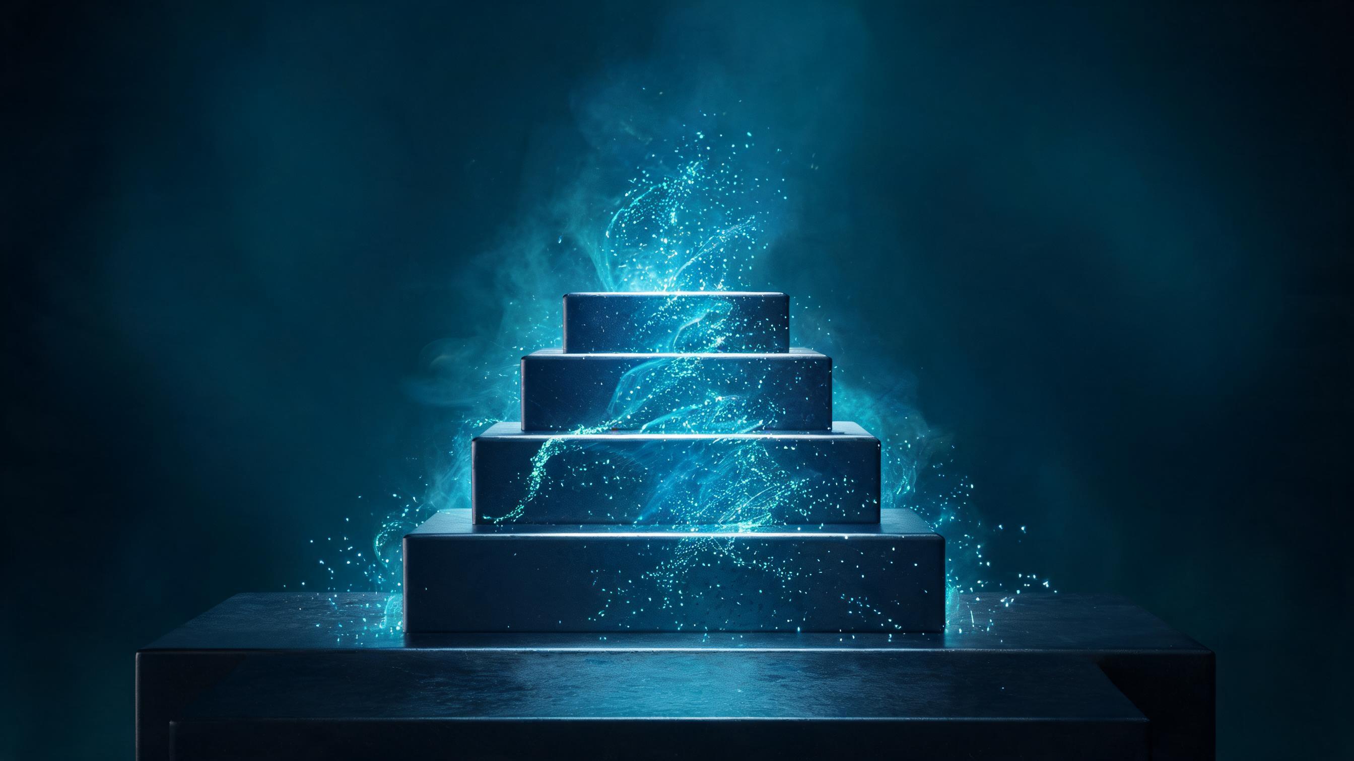 A dense basal platform supports four ascending tiers; particles flow upward only if the base is intact, otherwise tiers are empty, symbolizing the foundational role of the first step in GEO strategy's five steps
