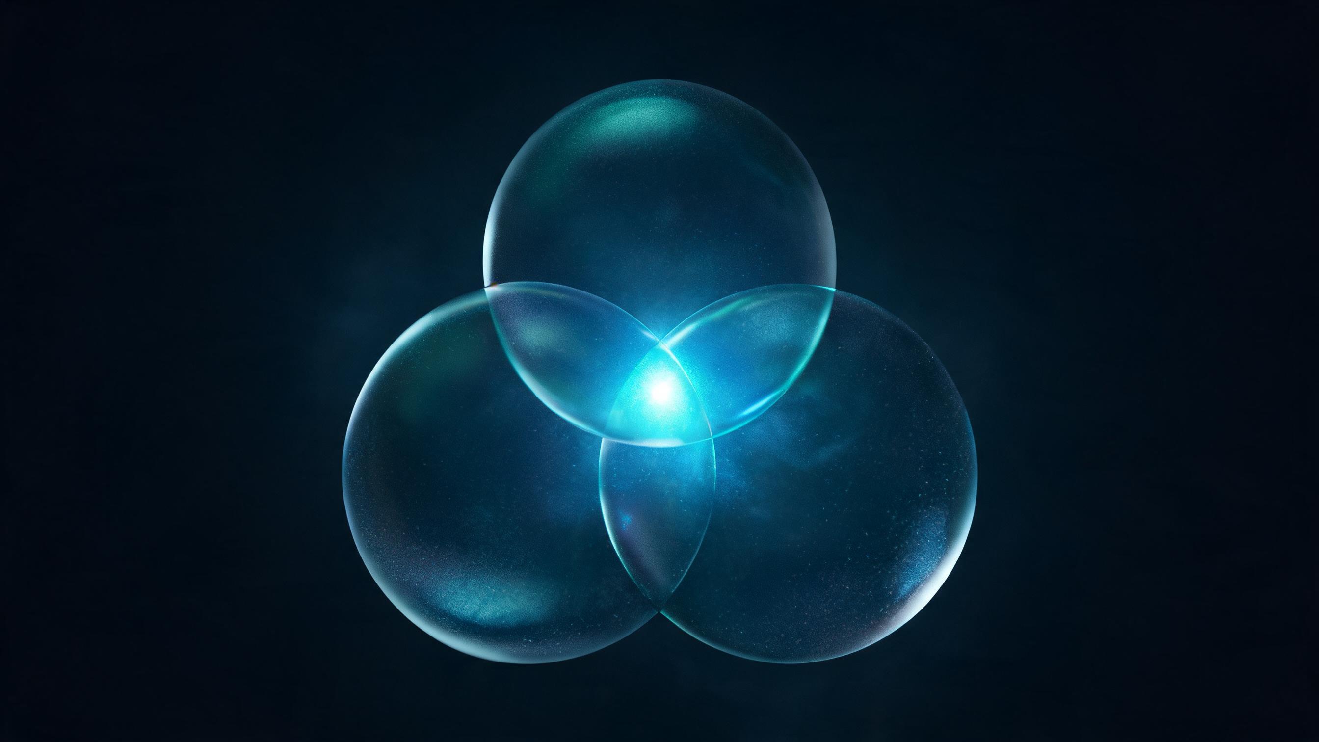 Three translucent luminous spheres overlapping with a large bright shared core, representing three terms describing heavily overlapping work.
