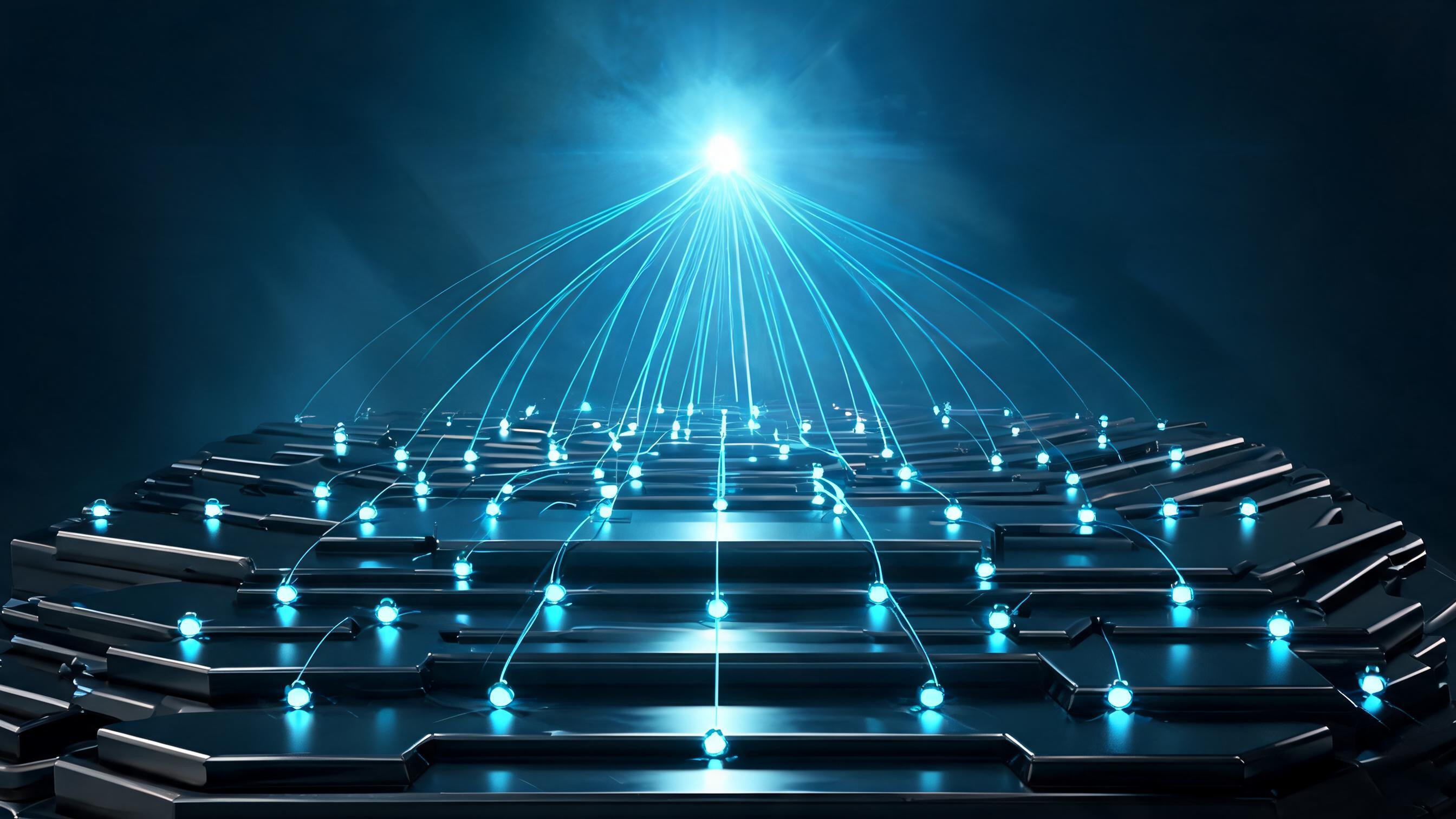 A layered basal structure with embedded nodes; luminous threads rise from nodes to converge above, symbolizing the glossary as the foundation for cited content