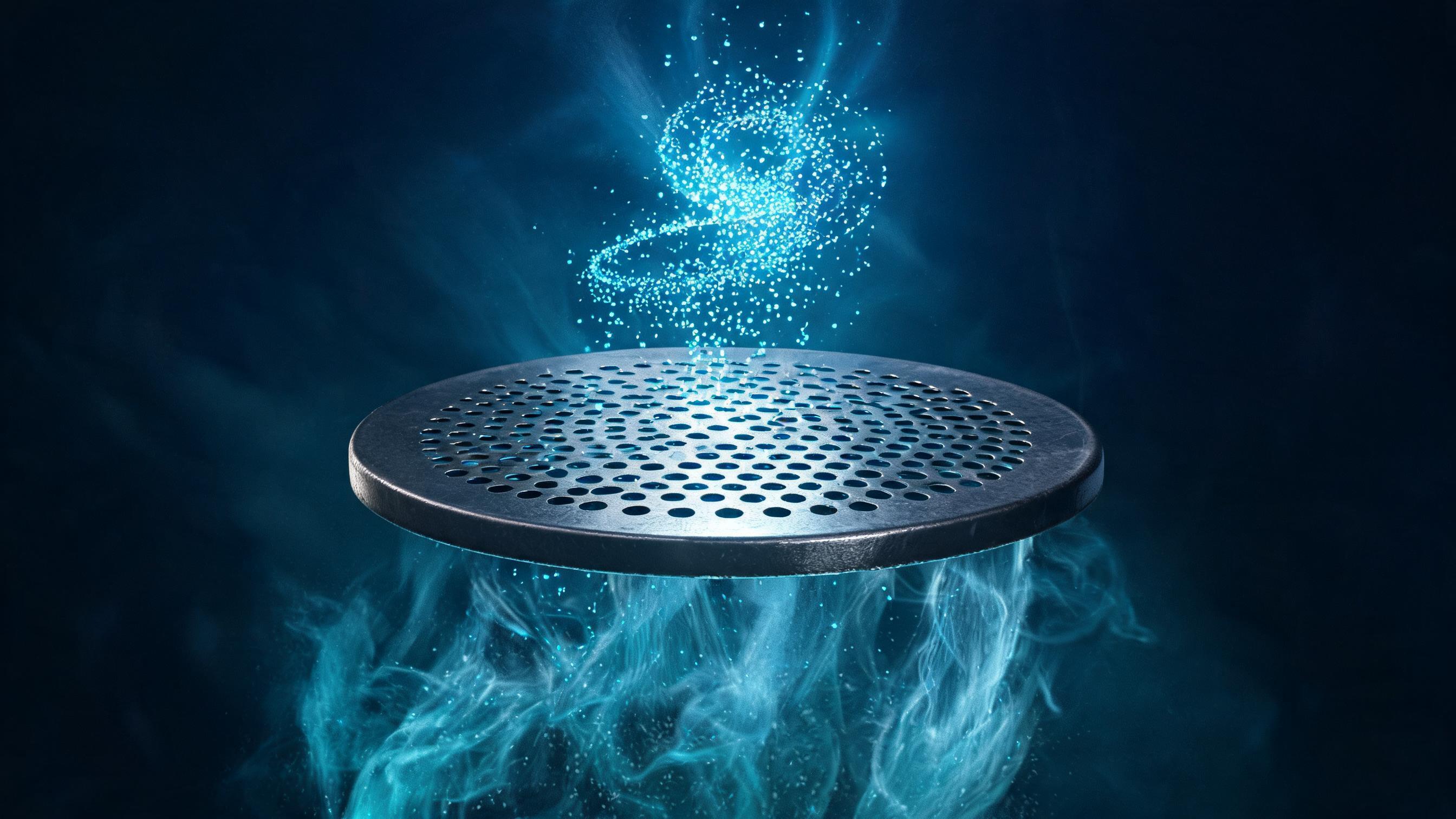 Upward turbulent flow passing through a sieve-like disc, followed by spiraling particles sorted into a focused upper cluster, symbolizing content influencing retrieval and re-ranking processes