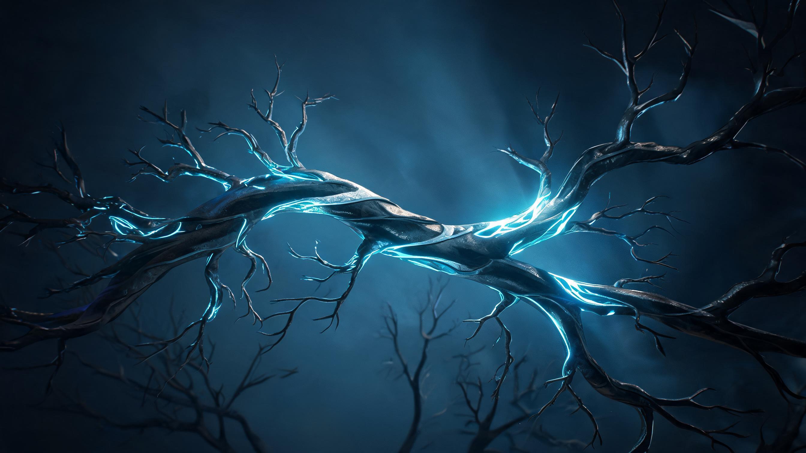 In the main luminous branching framework, small branches connected to the main glow, while unconnected ones are dim, symbolizing internal links as paths connecting pages and transferring weight