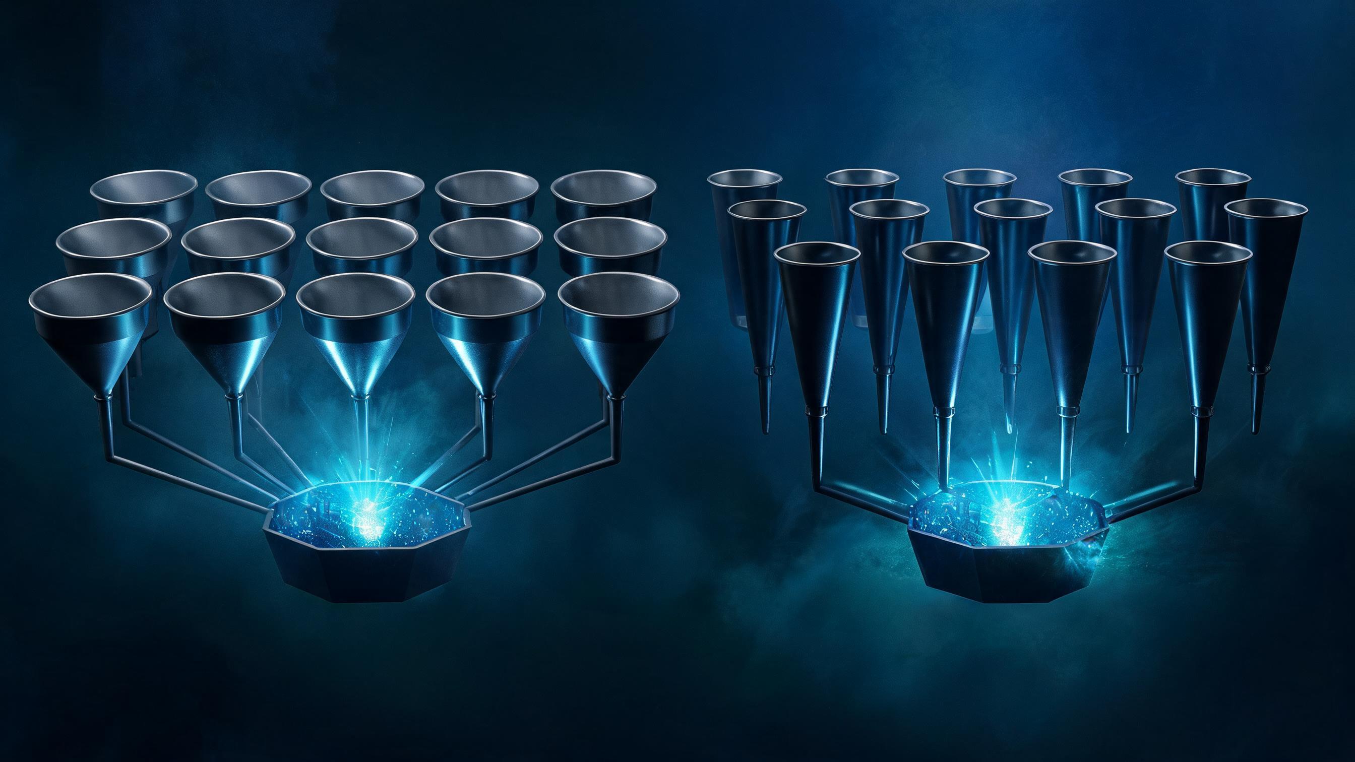 Two arrays of funnels, one with wide shallow mouths and one with narrow deep mouths, each feeding its own dense core, representing content that must be rebuilt around local phrasing instead of carried over unchanged.