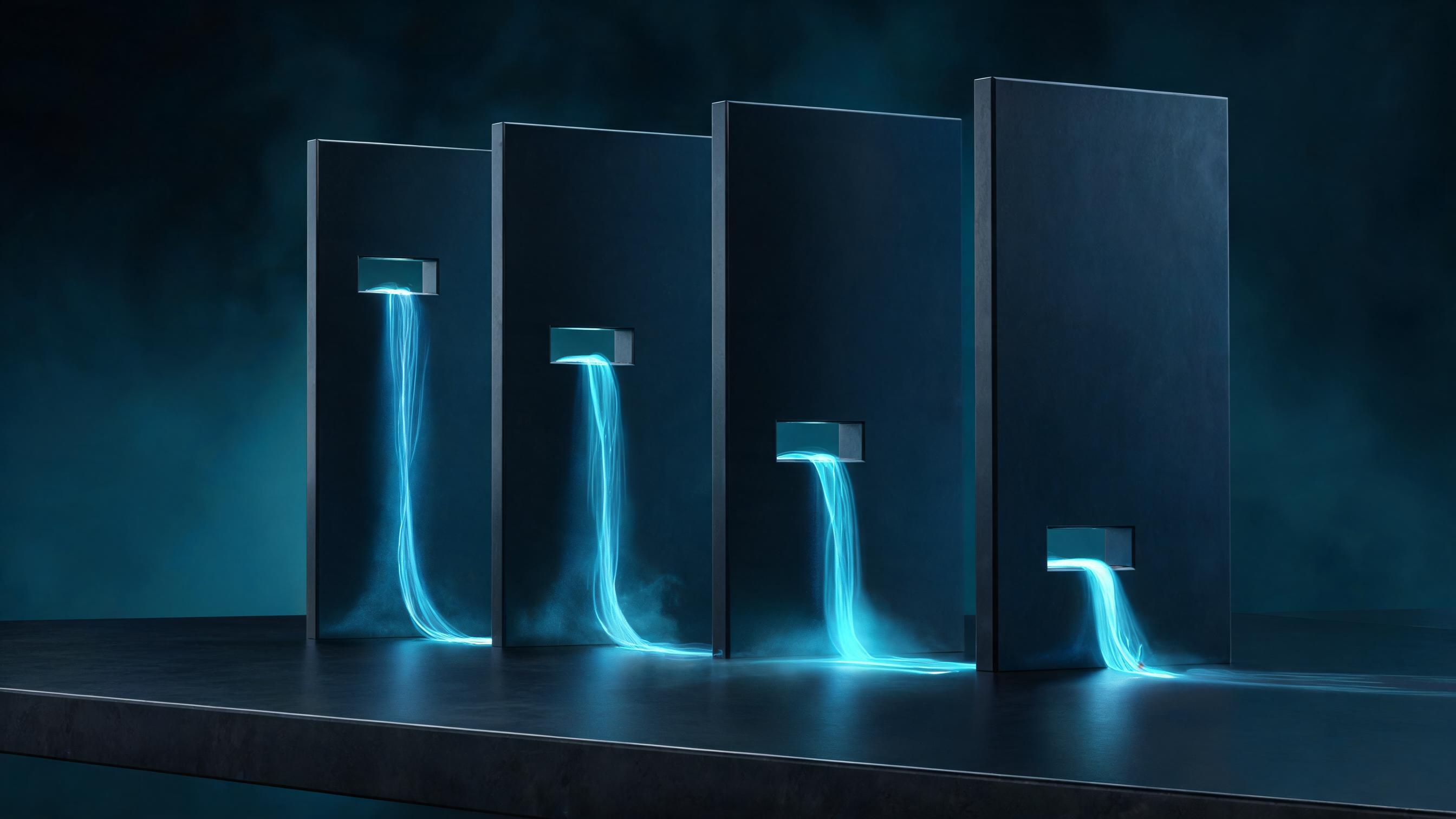 Four upright partitions of differing thickness, each with an opening at a different height, separate streams meeting at one fixed base, representing data sources that each declare their own basis before meeting one acceptance standard.