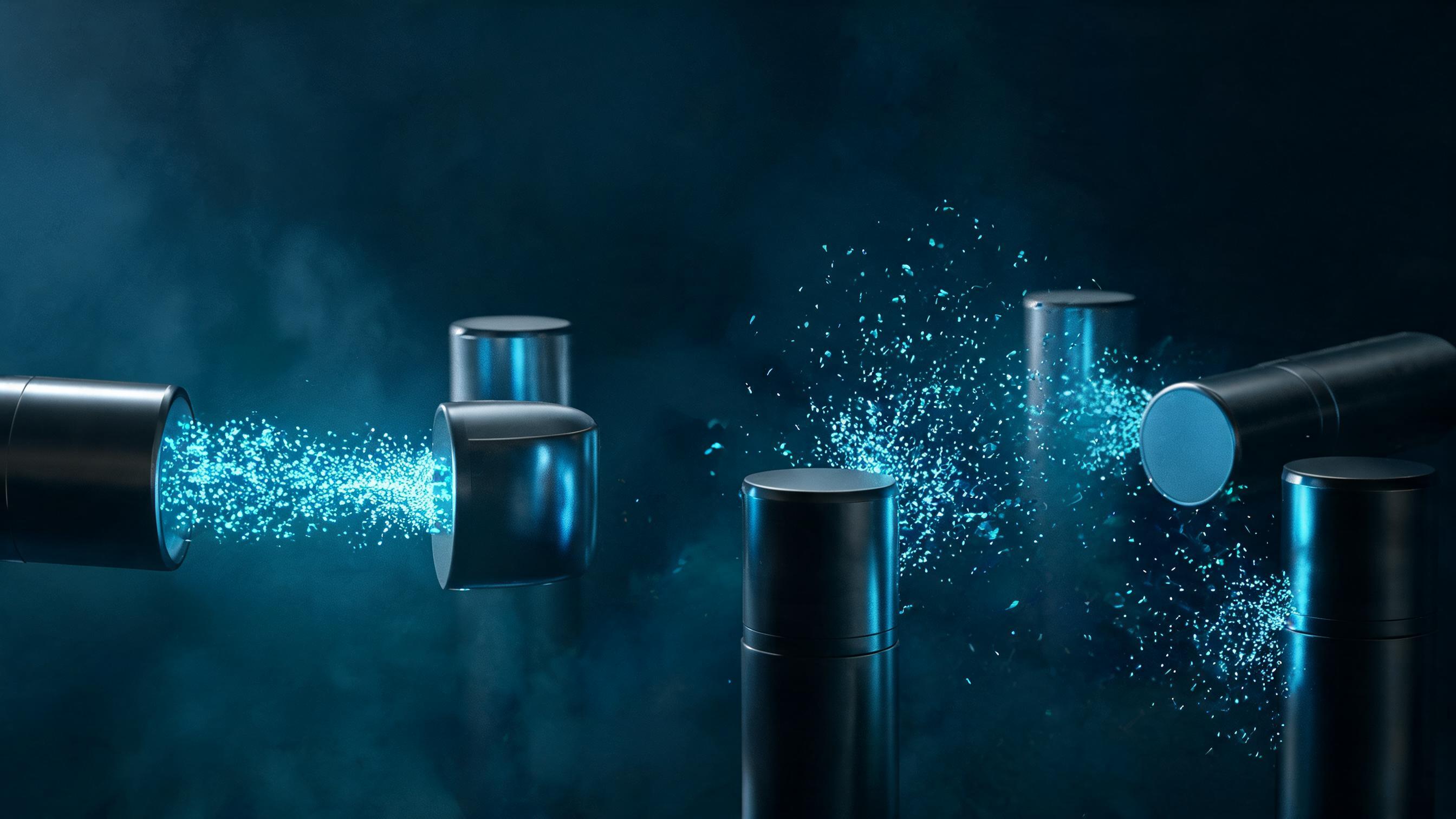 Fixed emitters project particles toward receptors; some retain dense clusters, others scatter outward; symbolizes controllable inputs and uncontrollable adoption outcomes in distribution.