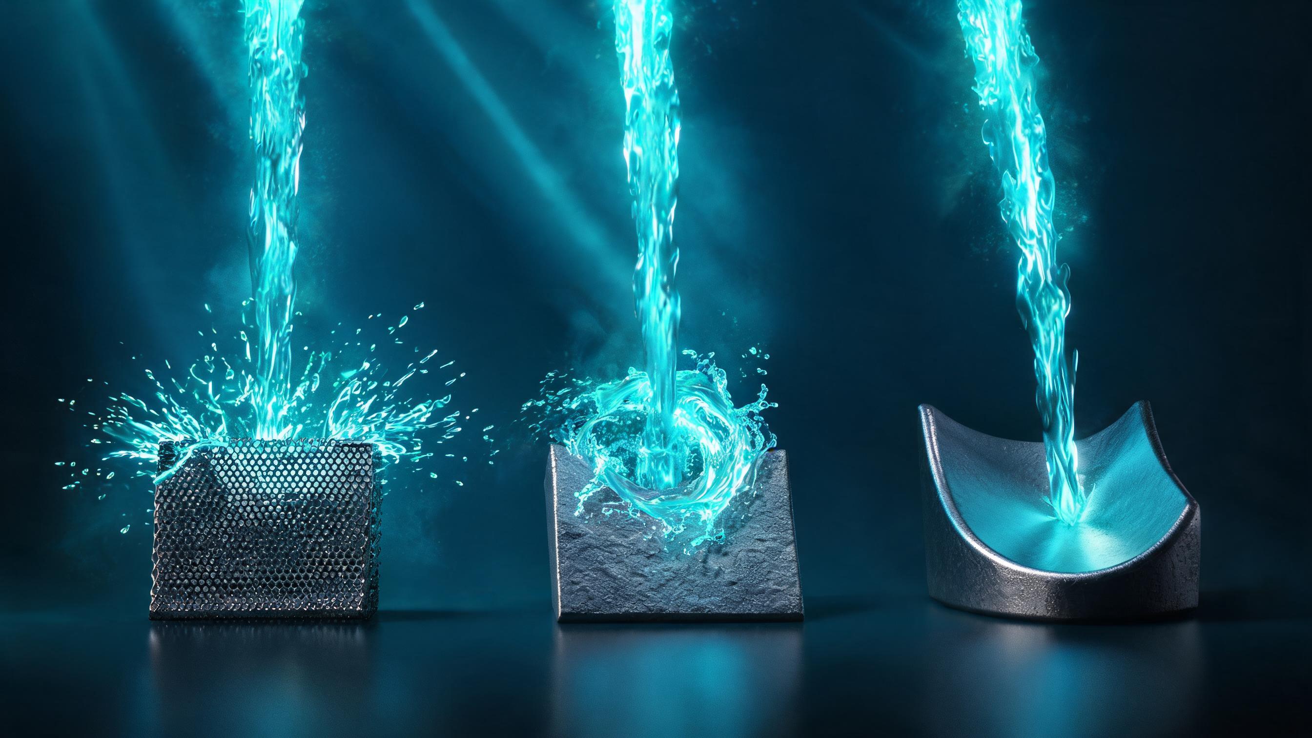 Three distinct particle streams encountering different deflectors—porous directing outward, textured renewing flow, curved converging—representing categorizing AI negative descriptions into factual (needing external improvement), outdated (updating), and confusion (clarifying).