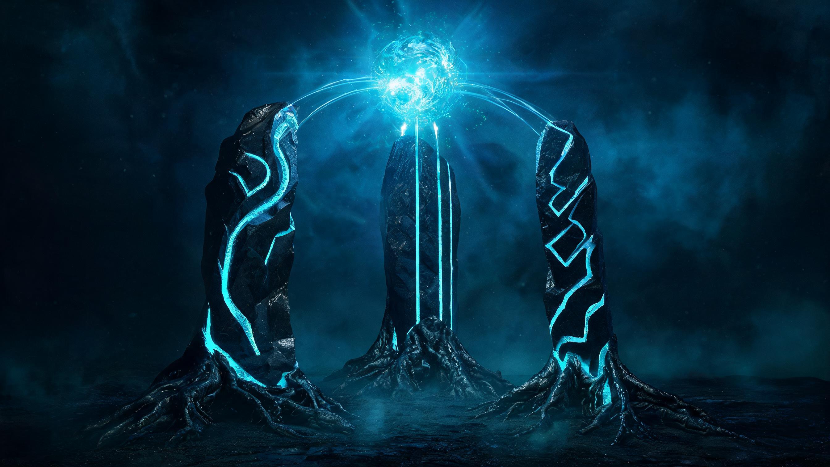 Three rooted stone pillars with distinct glowing channels merging into a dense luminous hub, symbolizing original data achieving multiple values through verifiable paths