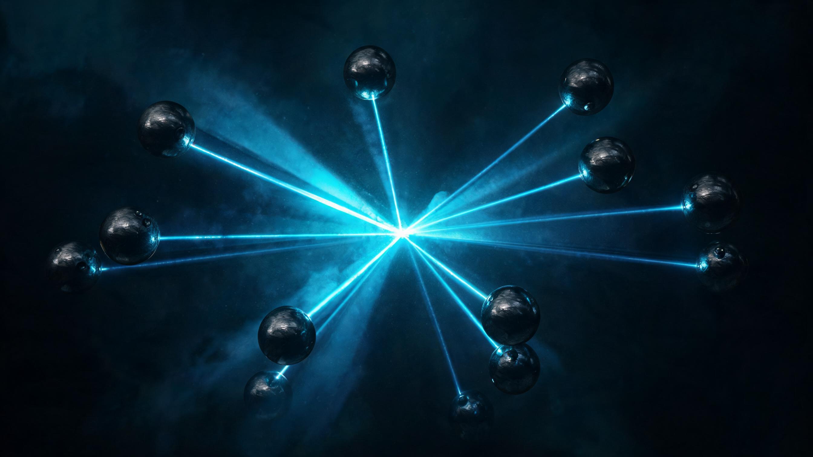 Multiple small, dense orbs emit narrow luminous beams; beams converge only when aligned with precise targets, representing fragment-organized pages better responding to subqueries
