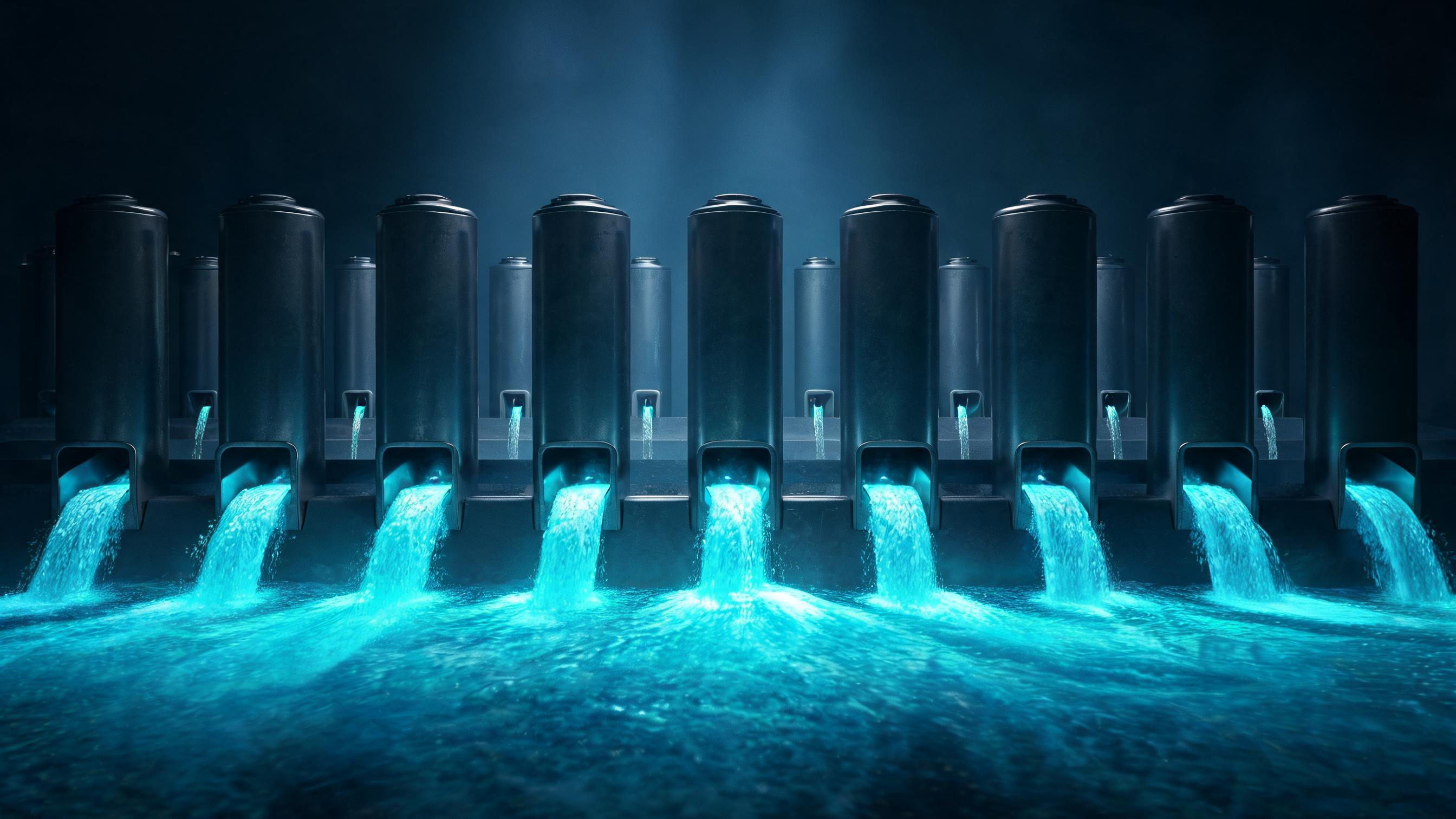 Ten equally sized luminous vertical reservoirs; the first ten merge via wide outlets into a dense main stream, while smaller reservoirs beyond have faint trickles, representing top 10 ranked keywords capturing most clicks