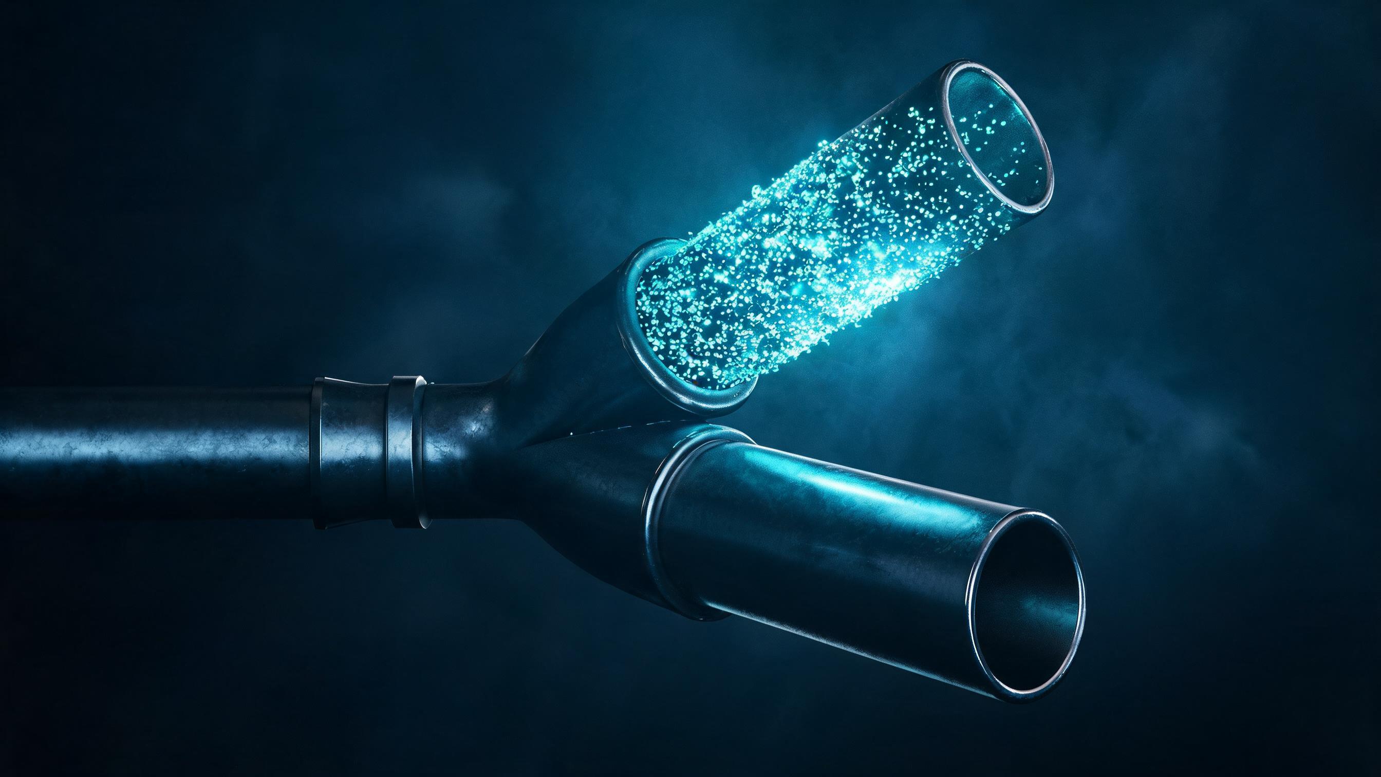 Y-conduit splitting flow: one arm dense with luminous particles, the other hollow, representing different user agents receiving distinct content responses
