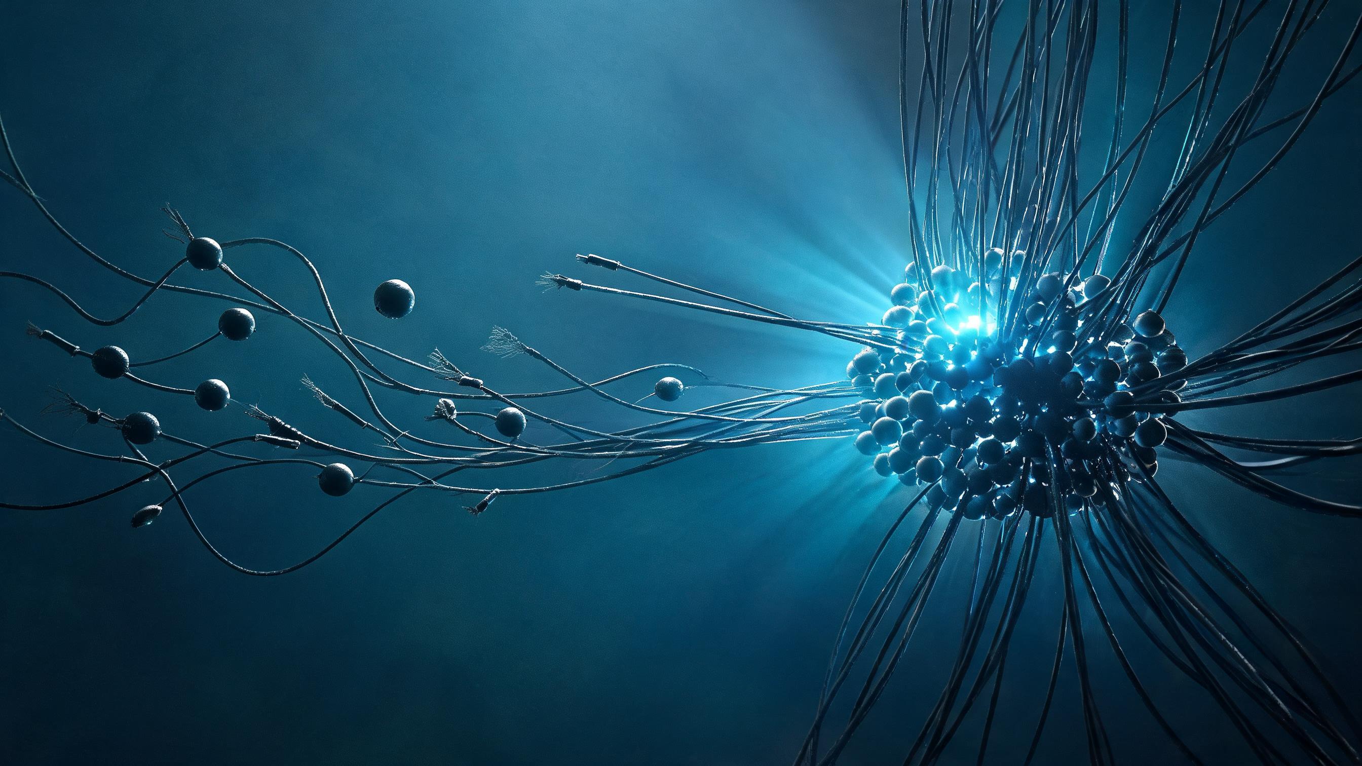 Suspended nodes: some cables snap, releasing dark drifters; taut ones guide convergence into a dense bright cluster, representing review decisions on取舍