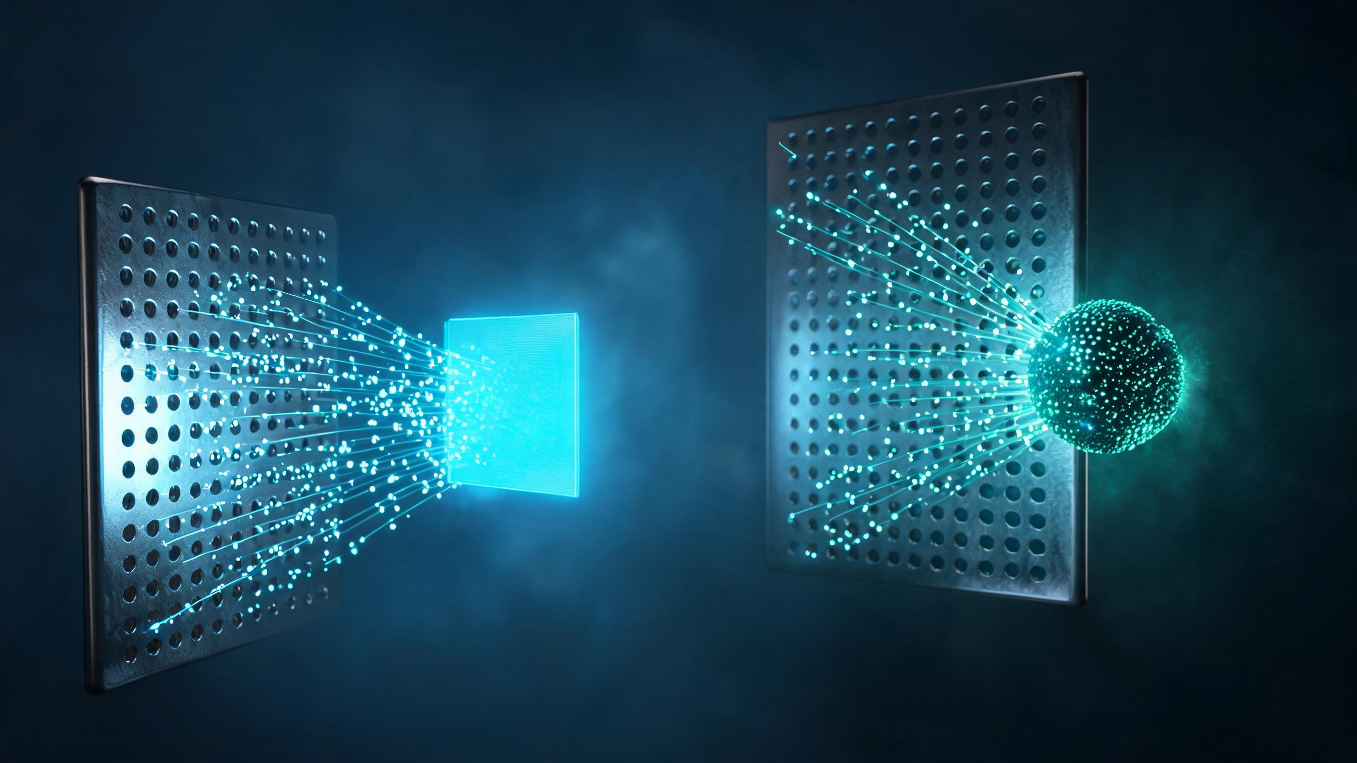 Two independently activatable perforated plates directing particles to a glowing display or dense core, symbolizing separate decisions for retrieval and training crawlers.