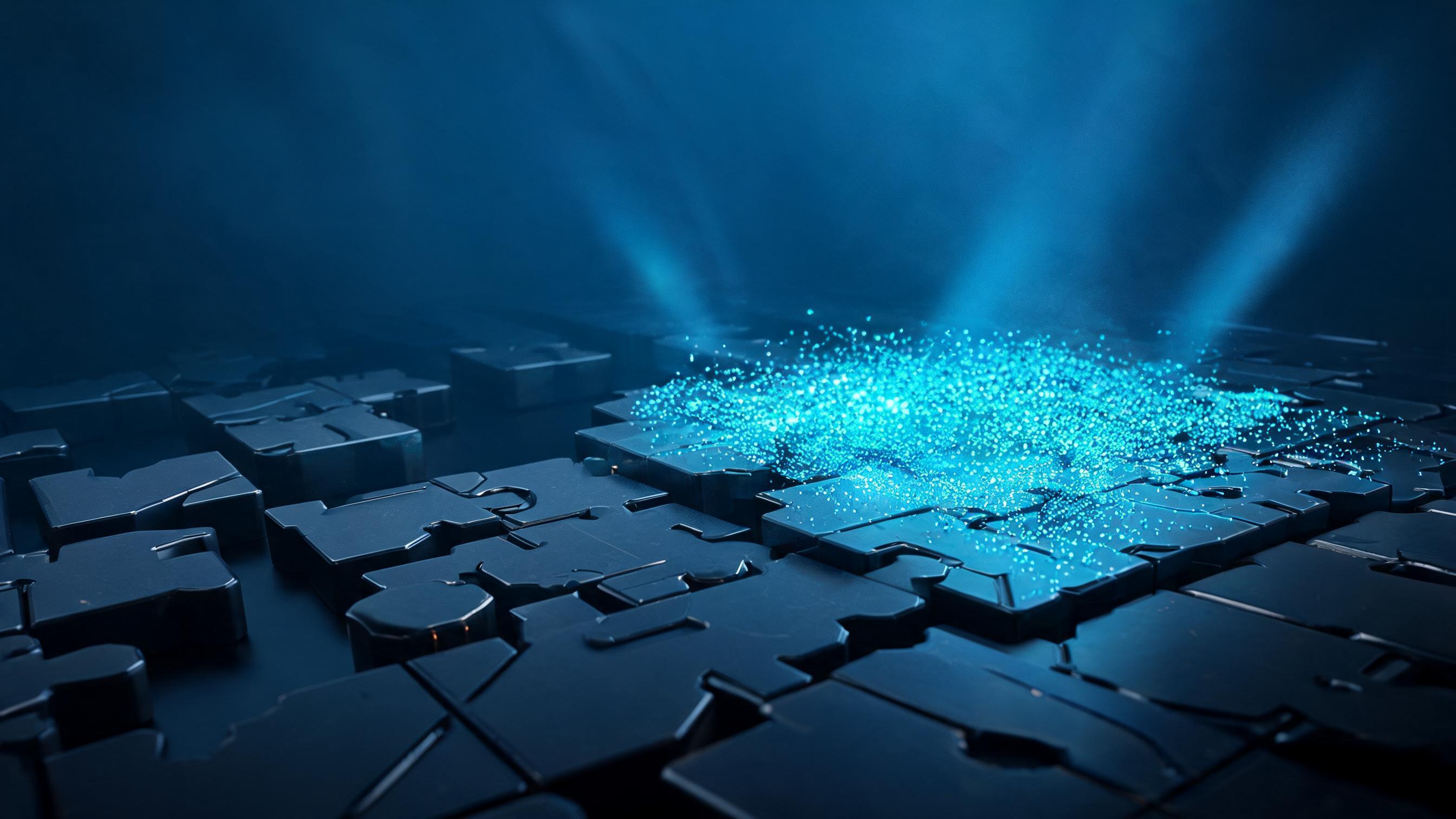 Structured interlocking base components; scattered particles accumulate only on the complete base, forming a dense layer, symbolizing controllable profile building and naturally accumulated reviews in B2B review sites