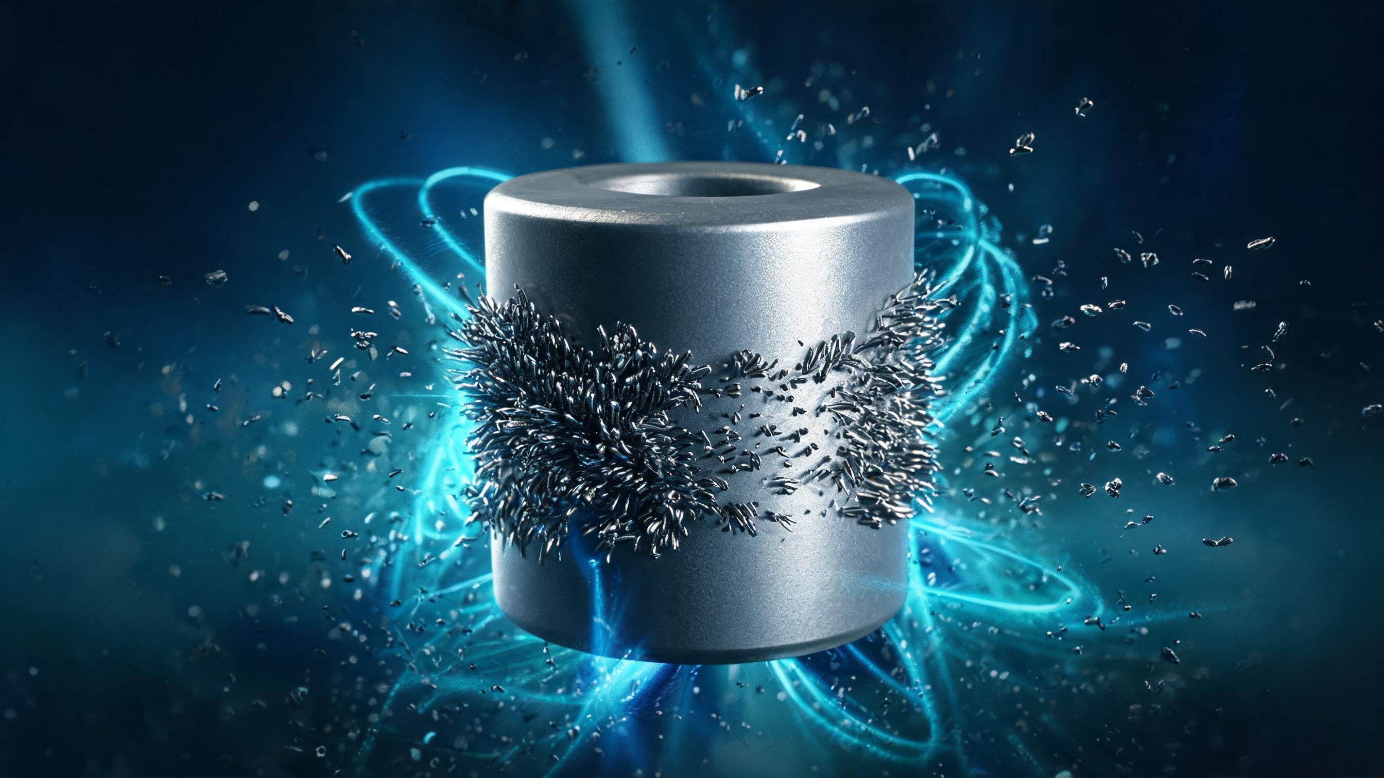 A central magnetic core with dense, structured iron filings adhering; scattered filings drift, not attracted, representing control over one's own content/verifiable evidence and boundaries excluding universal monitoring.