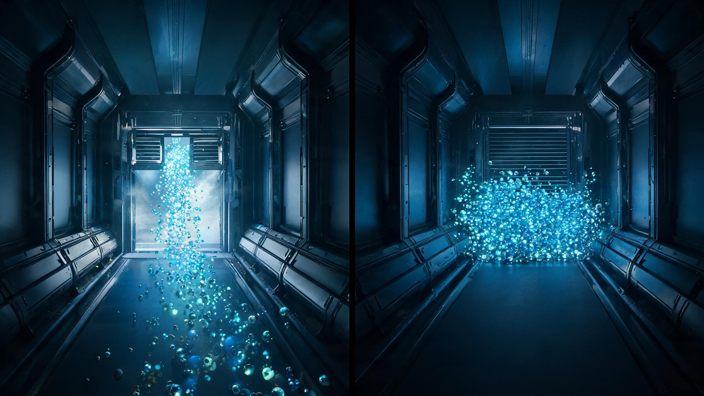 Two parallel channels: one open gate releases luminous particles (server-rendered content), the other sealed with stagnant particles (client-injected content)