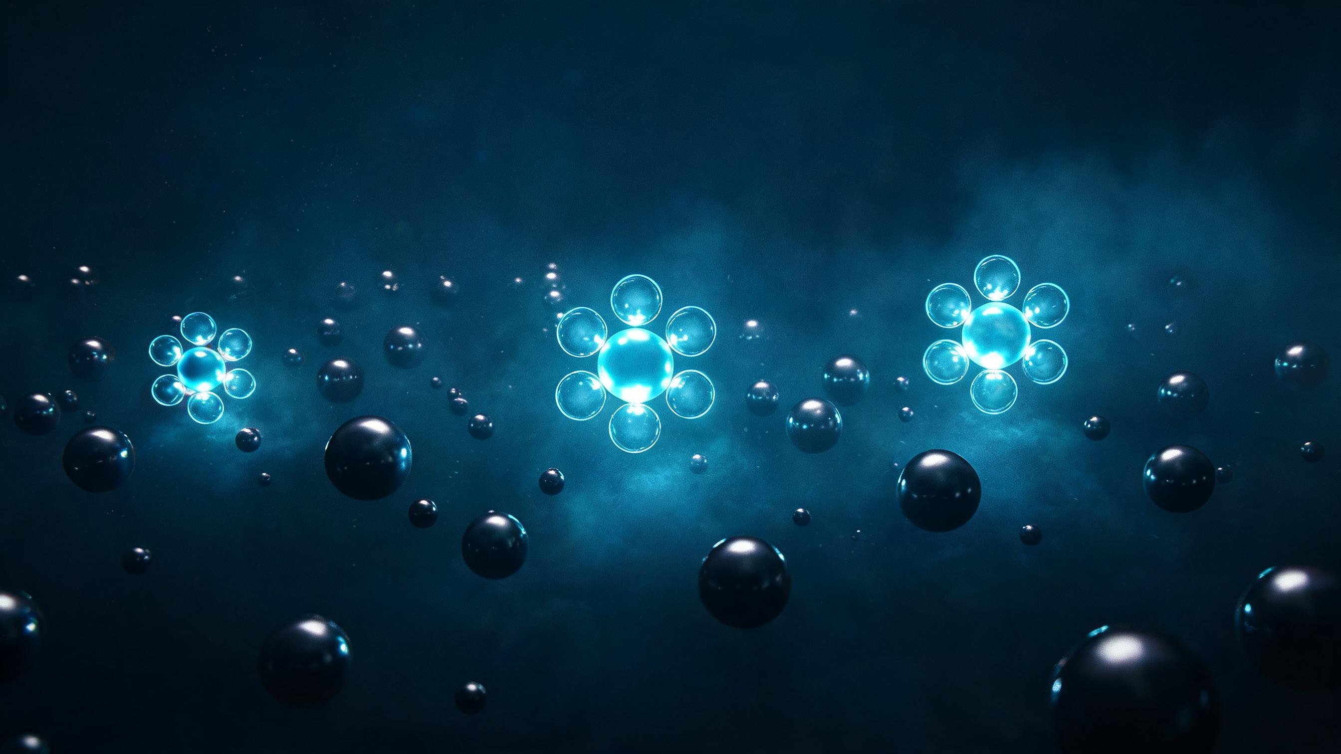 In a sparse field of small dim orbs, a few glowing orbs each radiate identical luminous copies, representing validating templates before batch replication.