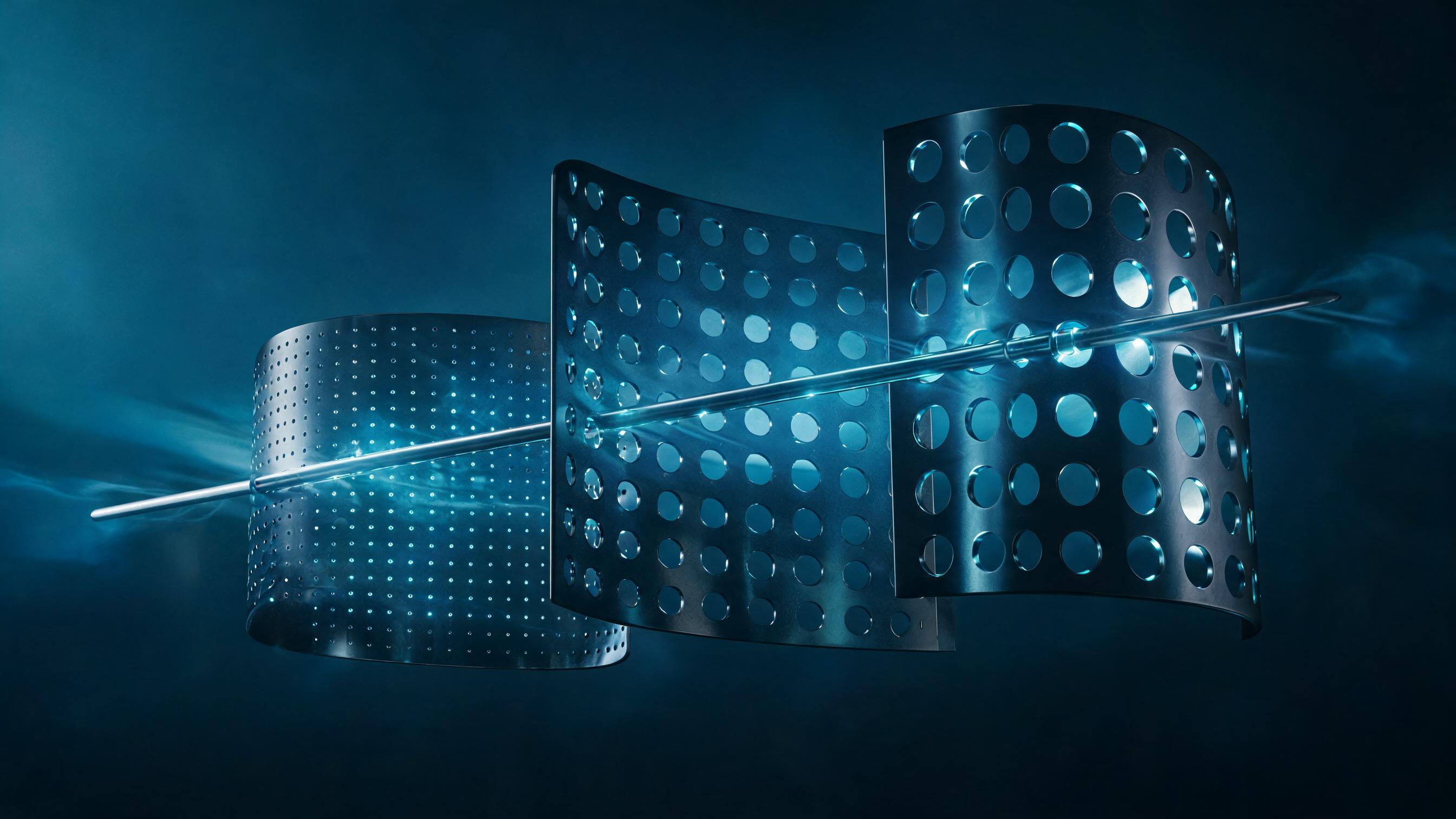 Three curved perforated panels suspended one behind another with hole sizes growing panel by panel and one beam passing through all three, representing the combined effect of adding statistics, citing sources and adding quotations.