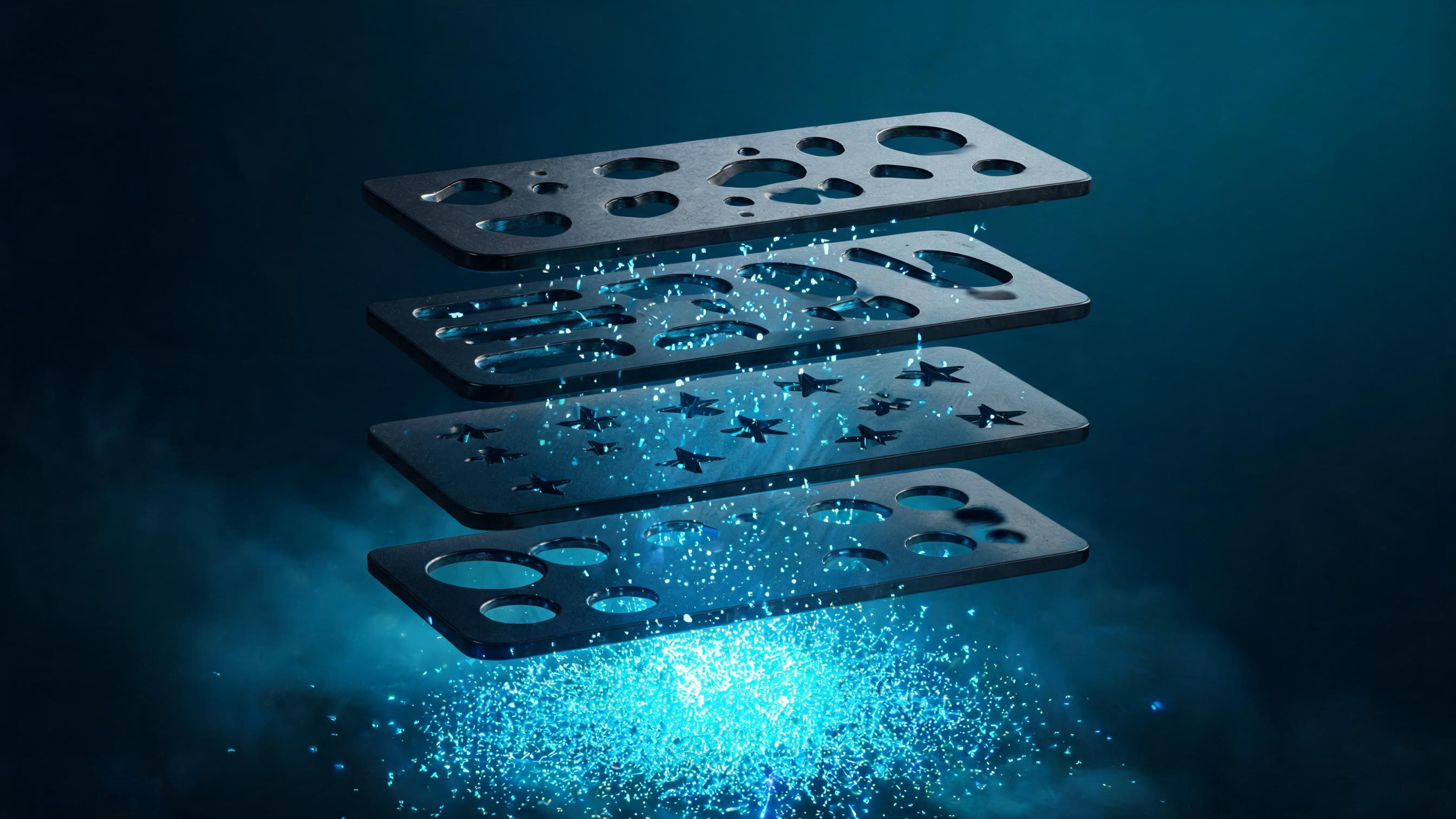 Four inclined perforated plates with unique holes; dense particles passing all form a luminous cluster below, representing credible information filtered through four questions