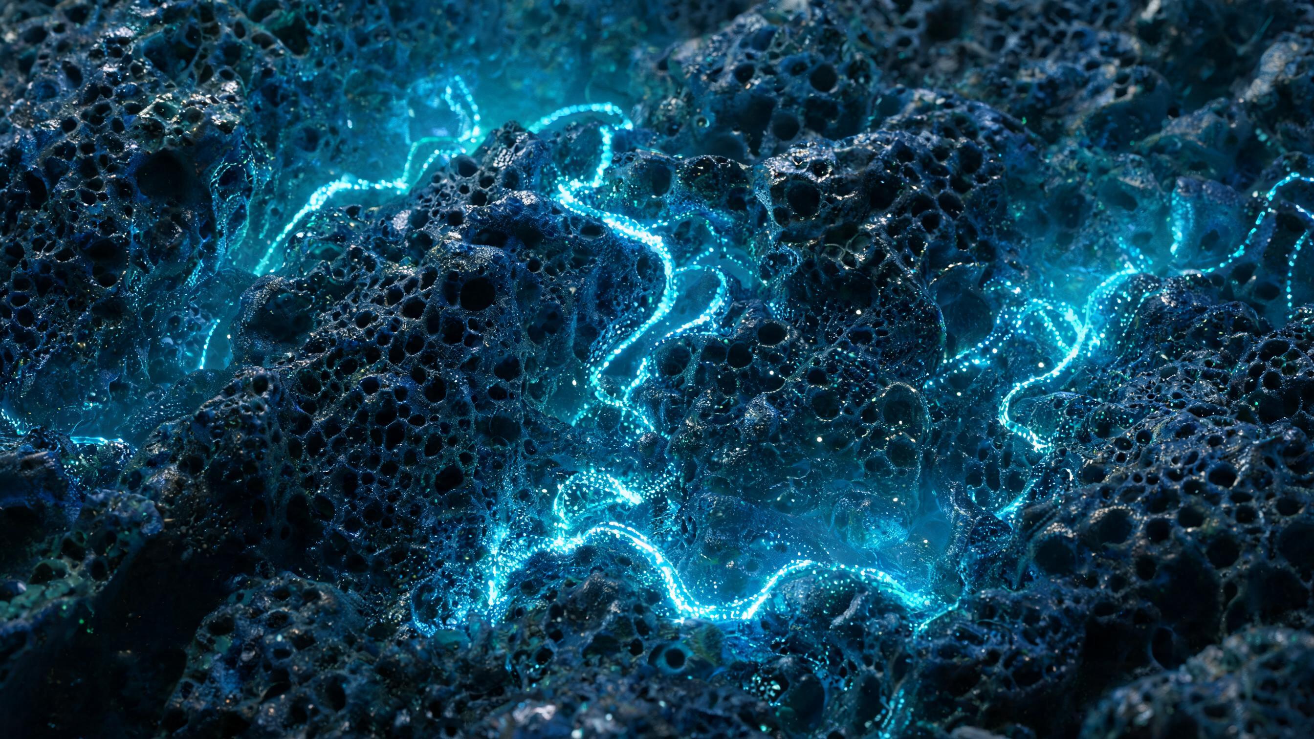In dark space, invisible particle streams leave luminous trails only within a dense, porous sediment matrix, symbolizing server logs as the sole direct source for detecting scraping
