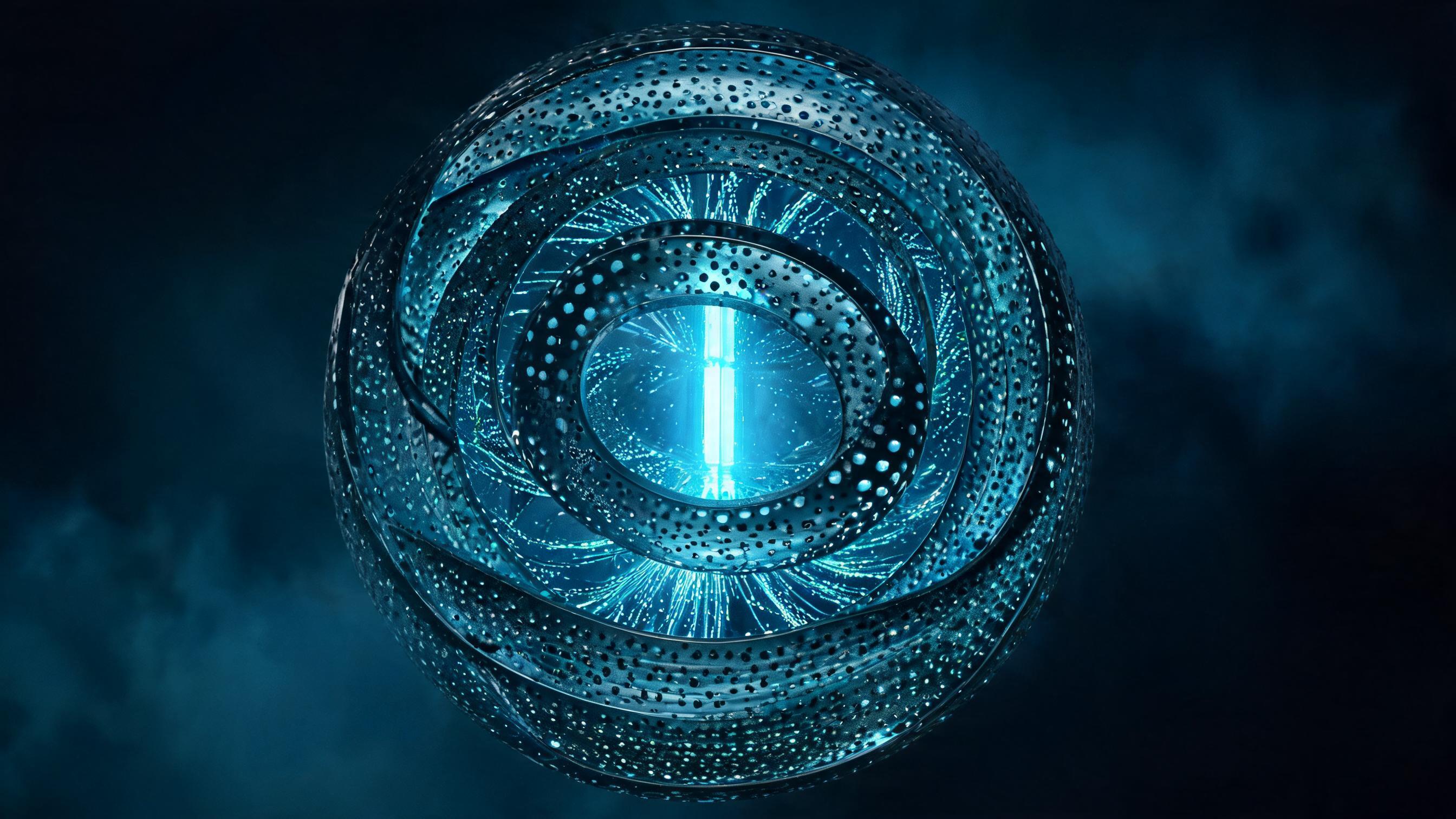 A spherical core with nested porous membranes guiding particle streams into a luminous central channel, symbolizing organizing content around real decision problems to enter generative engine answers