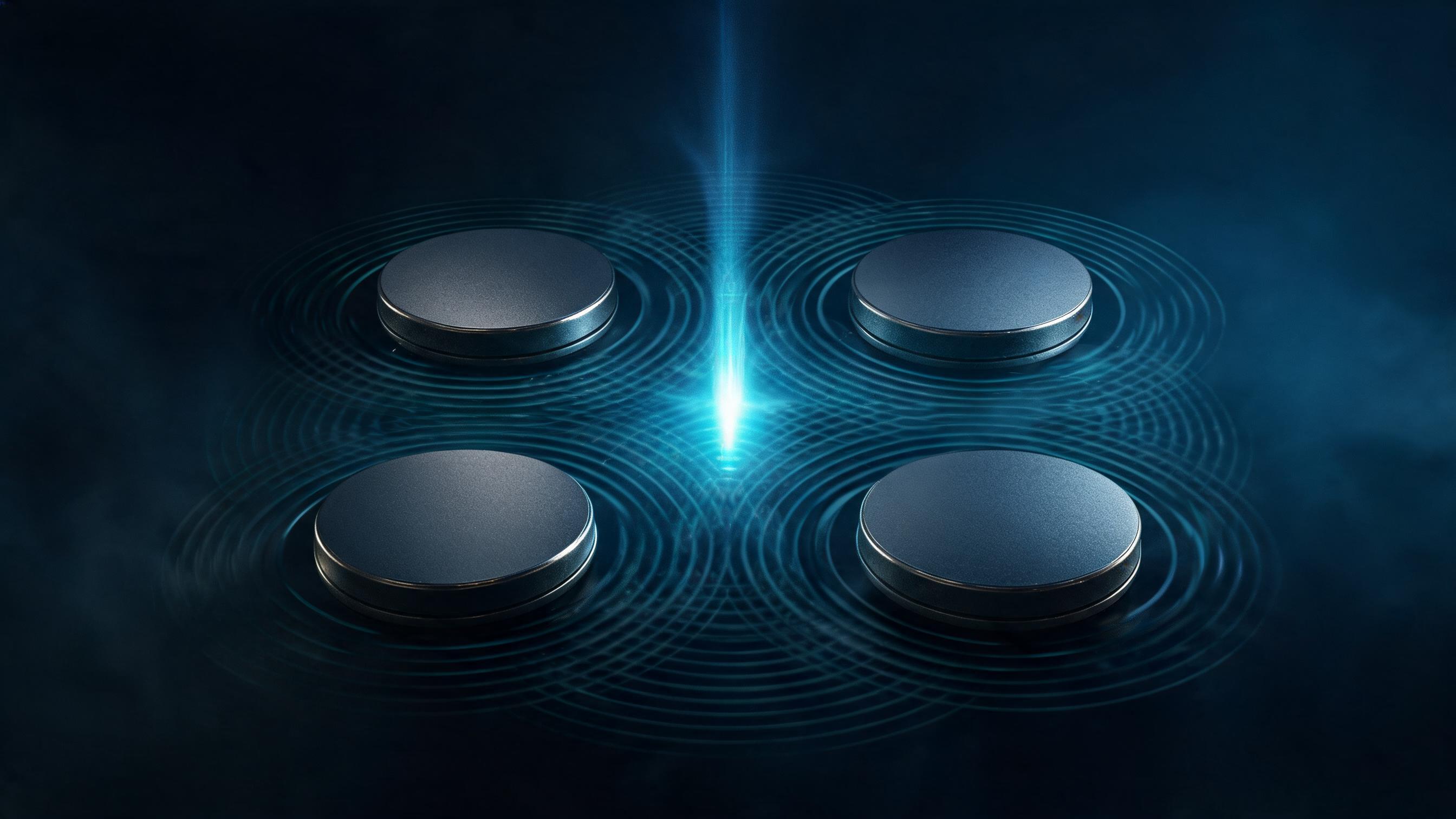 Four wave emitters generate destructive interference, while a focused constructive wave travels unimpeded; represents distinguishing unpromisable items from controllable elements