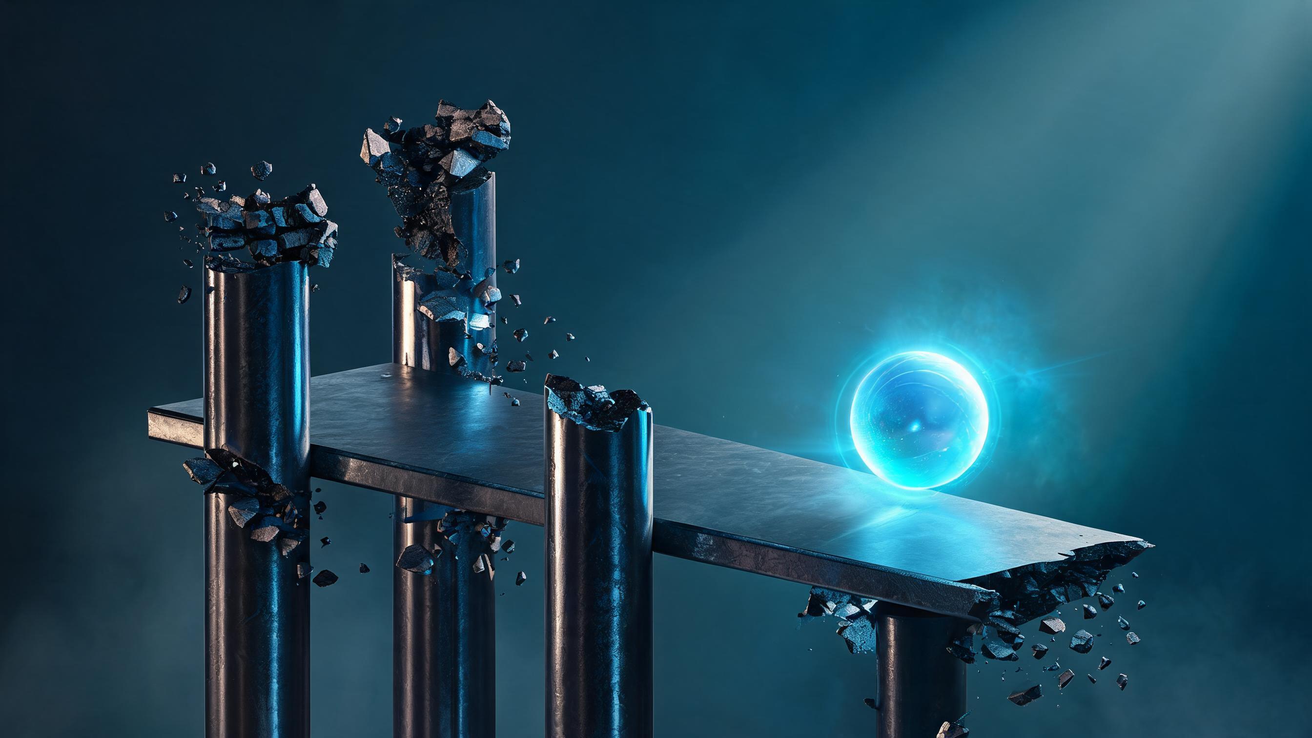 Four vertical pillars support a platform; unstable ones crumble, tilting the platform, and a luminous orb slides off, symbolizing situations where something isn't worth doing.