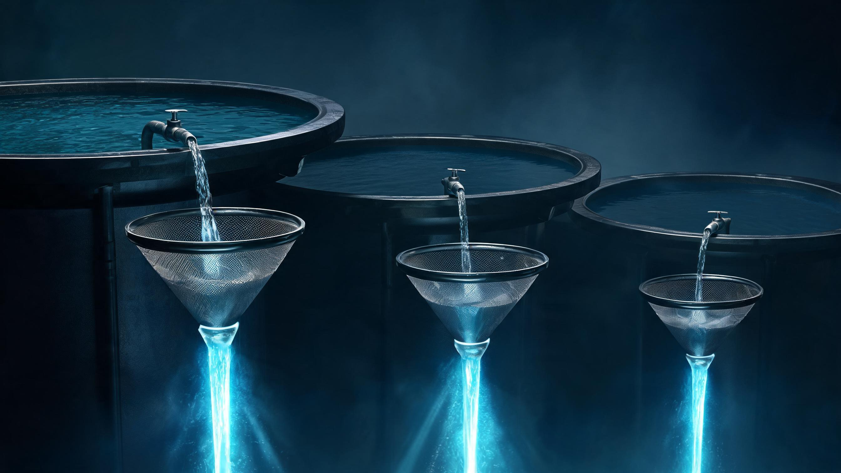 Distinct reservoirs outflow at varying rates, each passing through fine-mesh funnels to converge into selected streams, symbolizing source type determining base citation probability and writing style determining selection within the same type