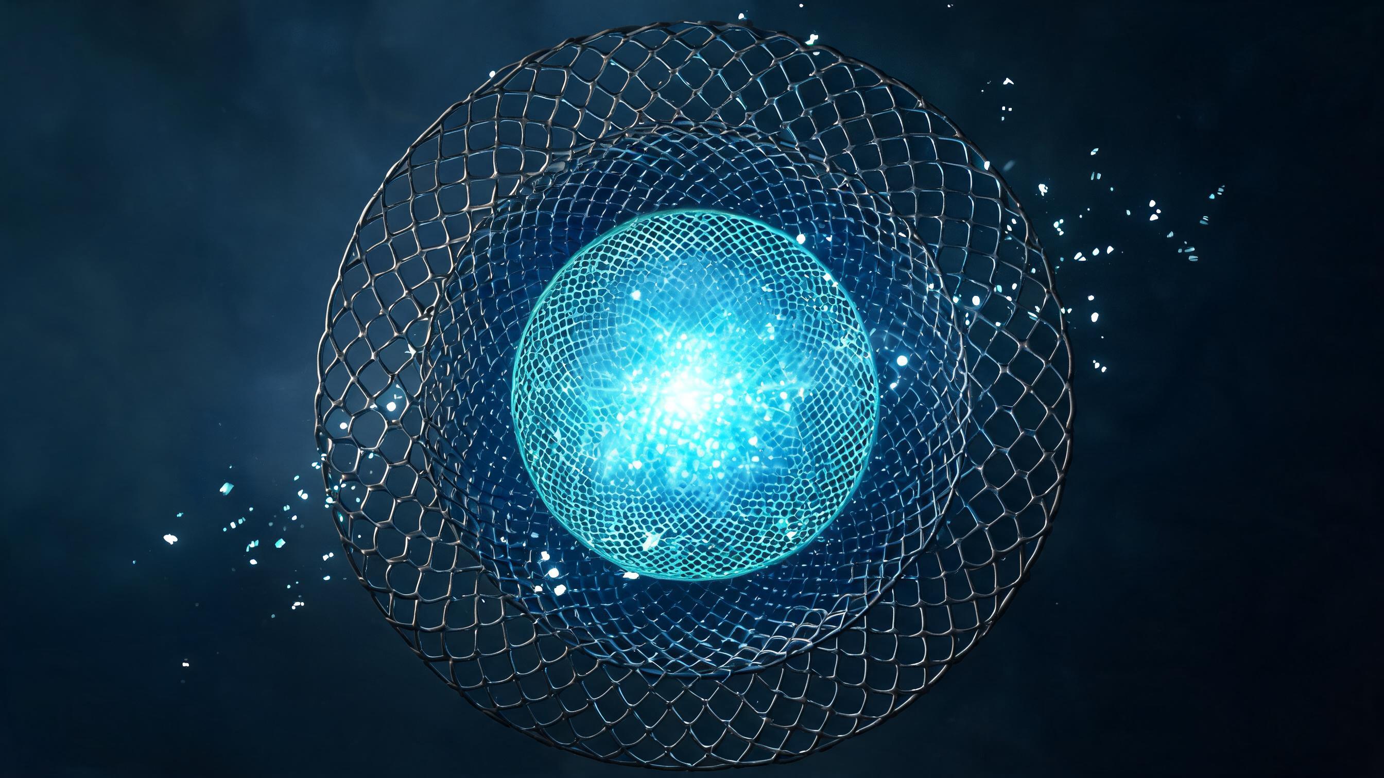Three nested barriers with distinct porosity; particles reach the core only if passing all, others scatter or drift, representing AI's brand information retrieval issues with content accessibility and accuracy