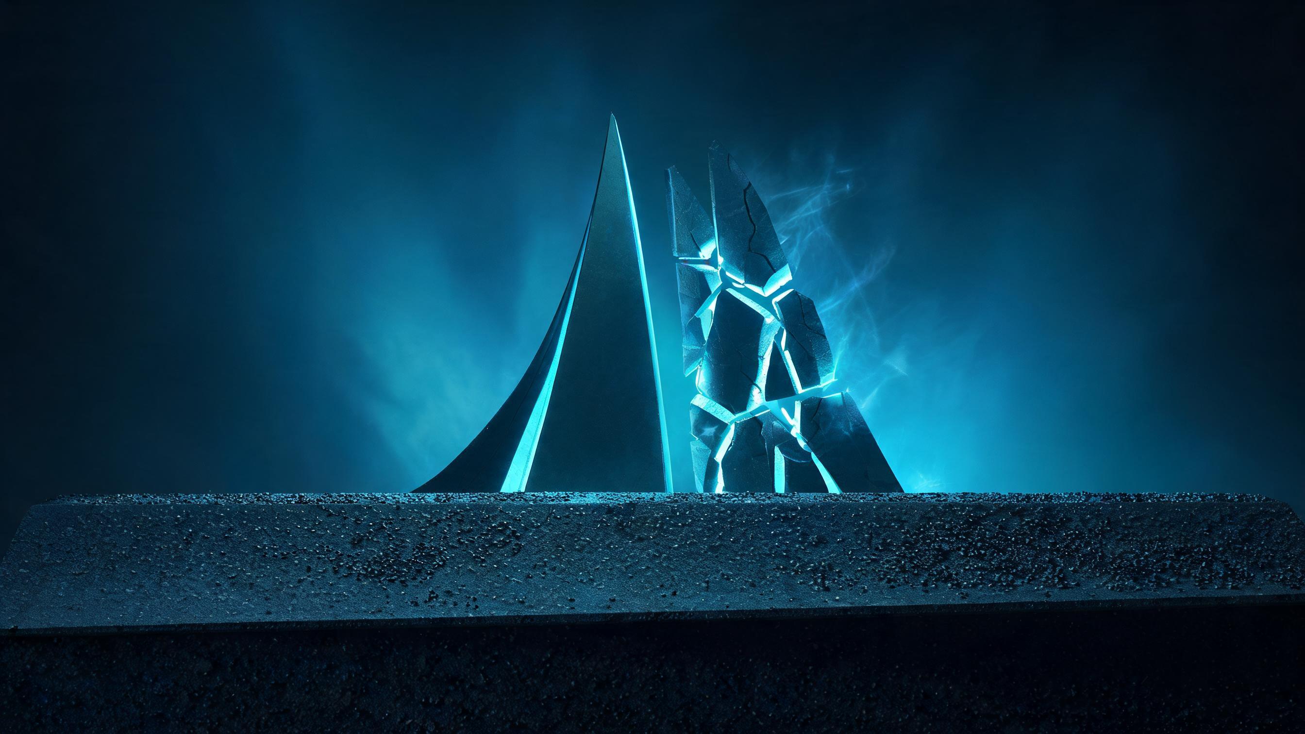 A thick lower bed accumulates particles; the upper spire solidifies only when the bed is dense, otherwise it fractures, symbolizing building a structured knowledge base before encyclopedia entries