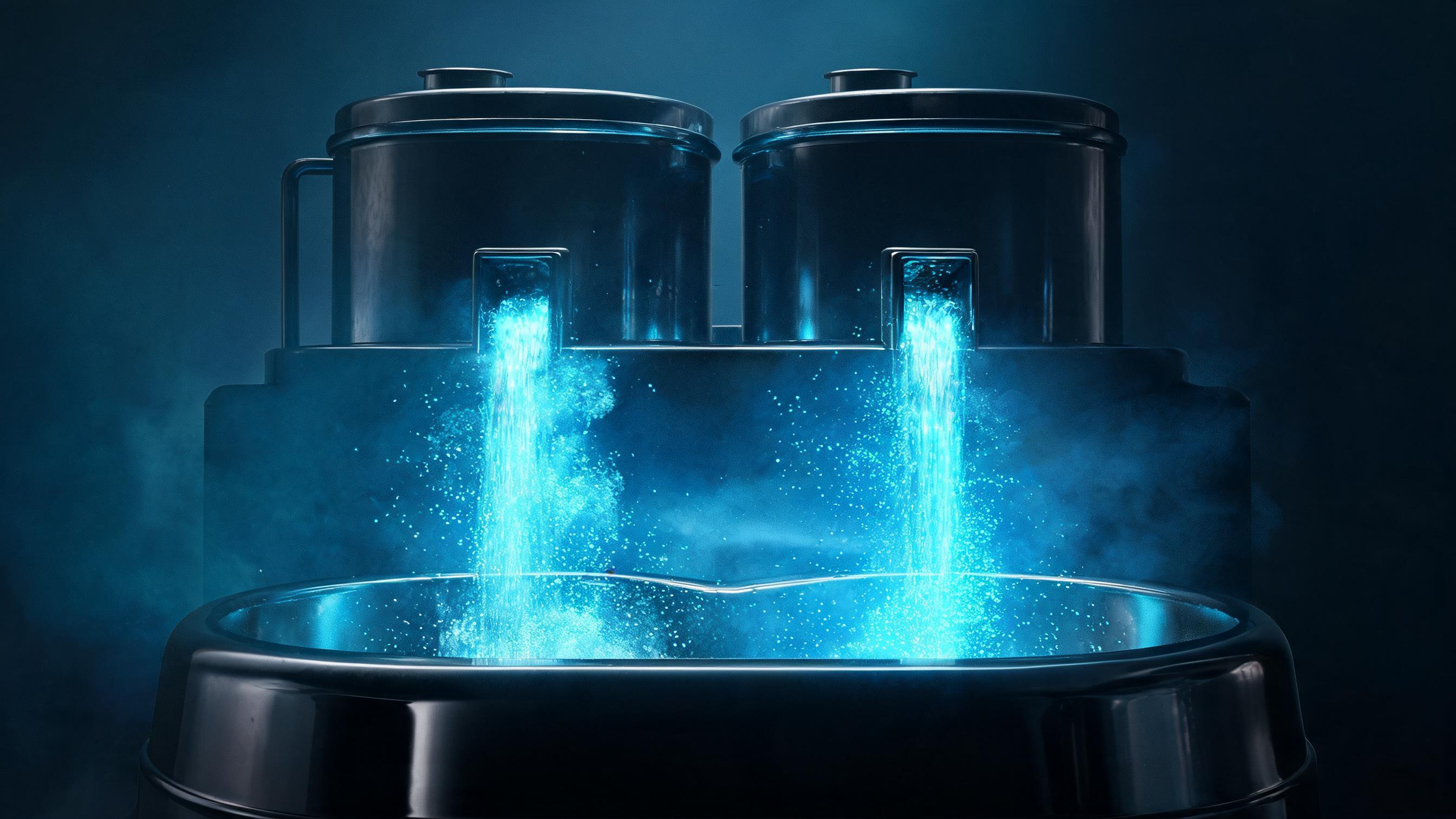 In dark space, a diffused particle cloud with partial flow through a selective aperture, adjacent reservoirs feeding a unified basin, symbolizing the relationship between 'being seen' and 'being clicked' under zero-click, and integration of brand searches and direct visits