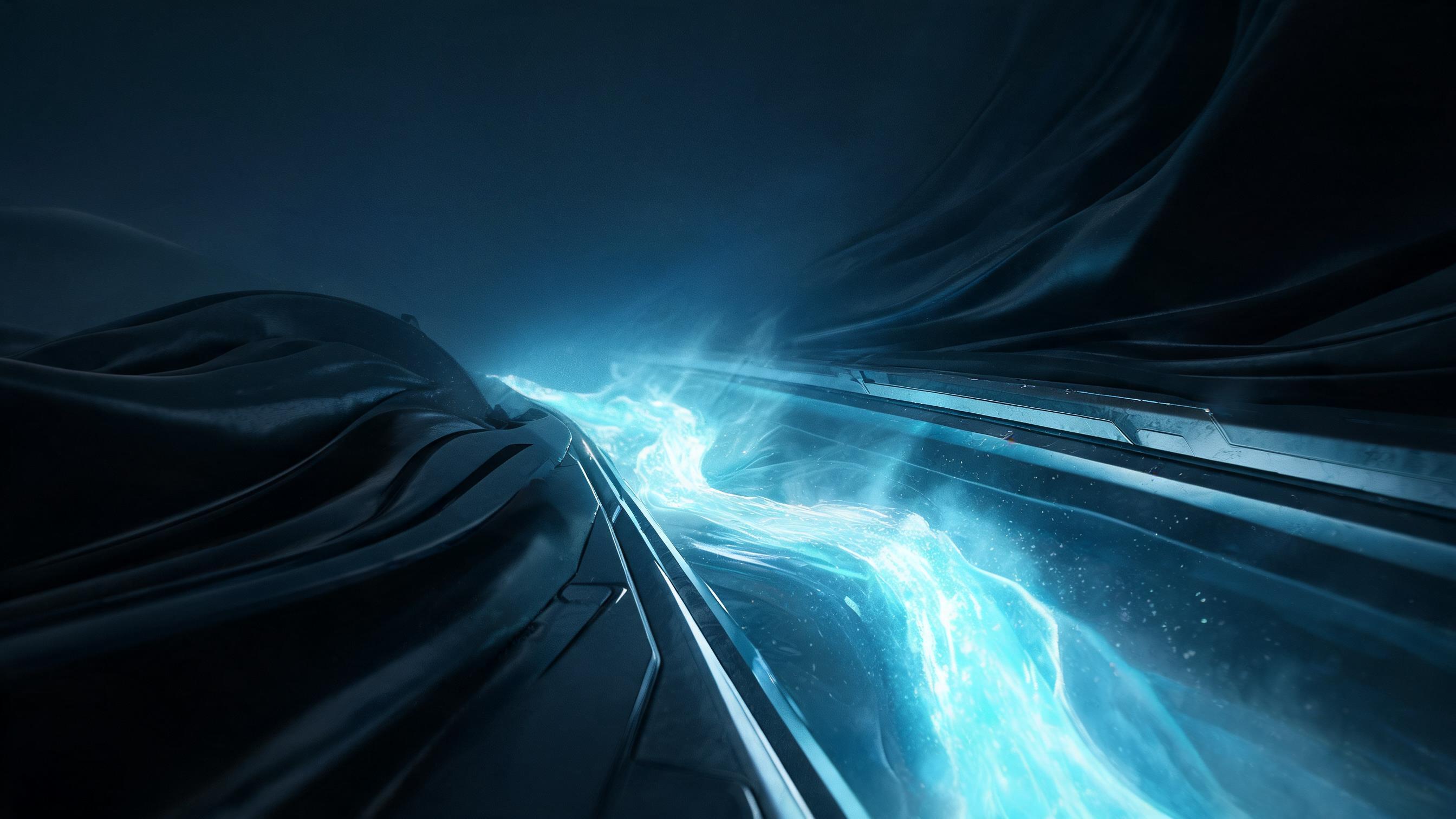 An isolated narrow channel carries a faint luminous flow, distinctly separate from broader surrounding dark currents, symbolizing AI referral traffic as a unique independent channel.