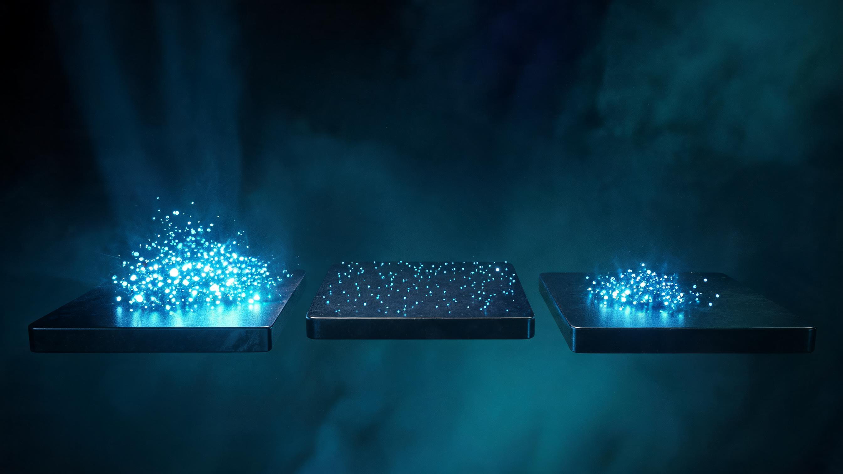 Several distinct platforms where particles land; some retain dense luminous clusters while others scatter, symbolizing varying proportions of page content included in AI answers.