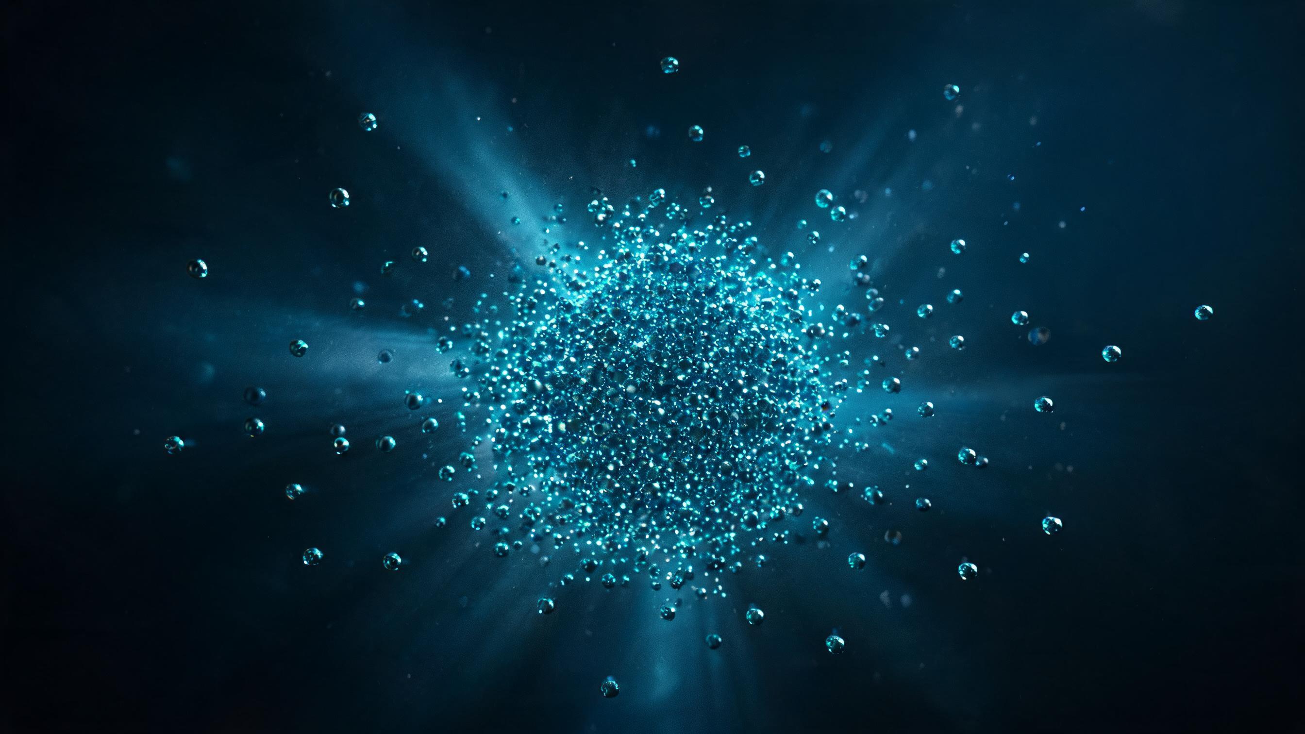 In dark space, a central dense matrix embeds particles; surrounding sparse particles float without merging, representing attribution based on one party's data with third-party data only for verification