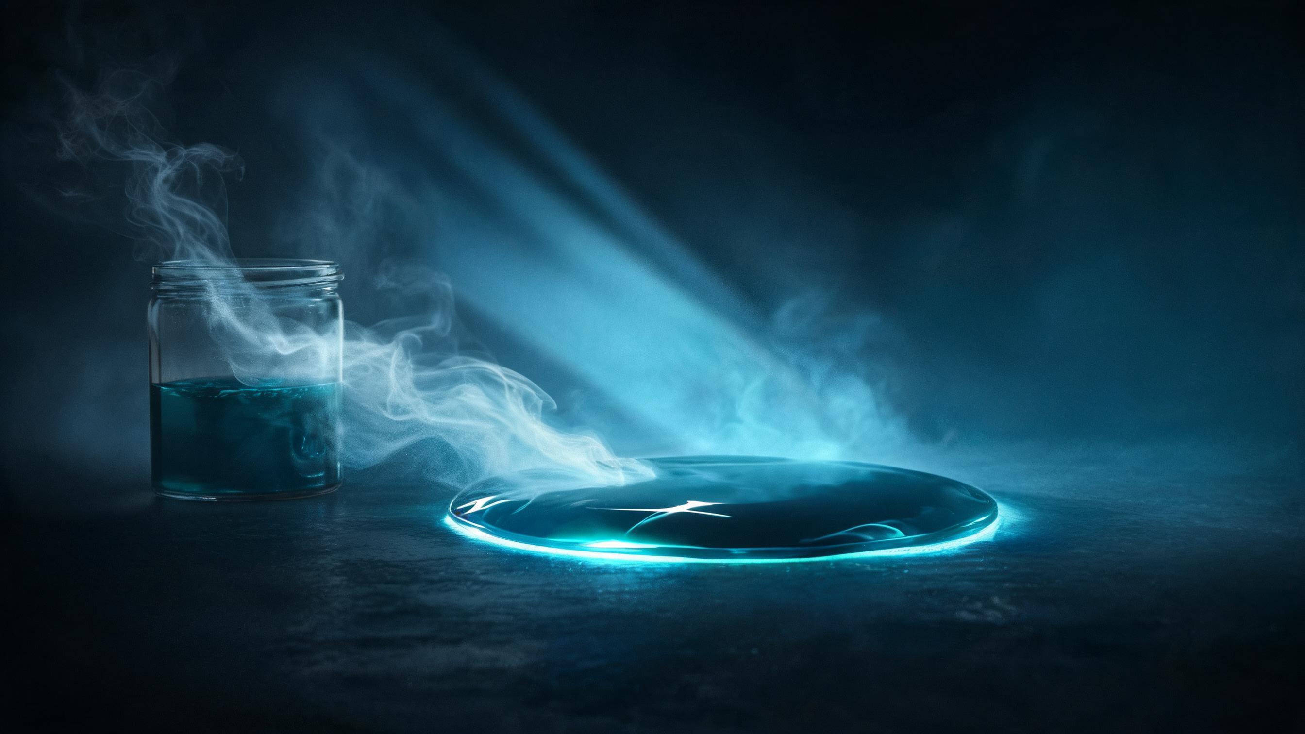 Volatile liquid evaporates into diffuse vapor; vapor then condenses into a dense central pool, symbolizing the complete path of a brand being seen then actively searched
