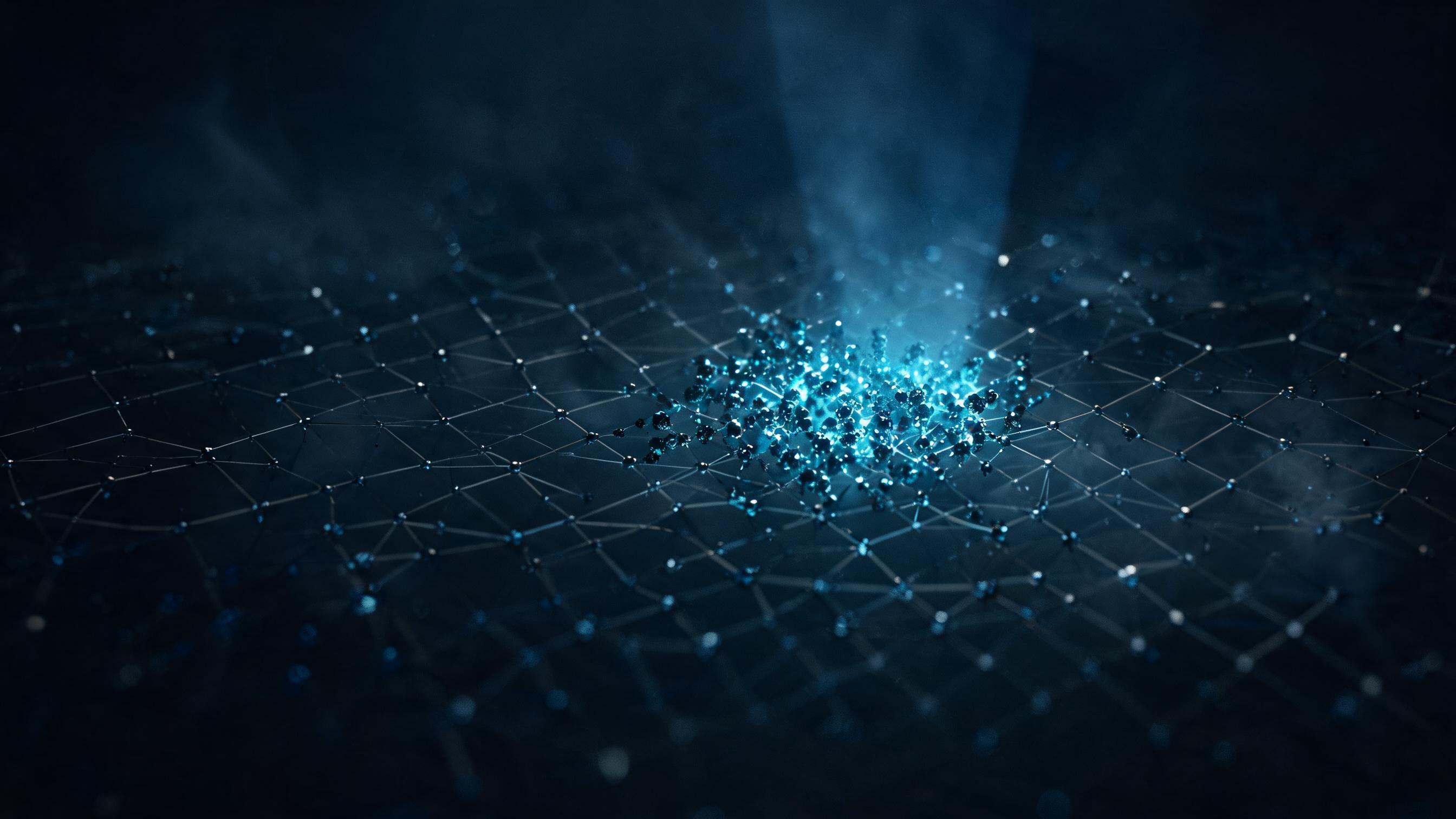 A dark field with small dim particles; some adhere to fixed lattice nodes, forming a dense luminous cluster, representing mention rate (dim particles) and citation rate (luminous cluster from lattice adherence)