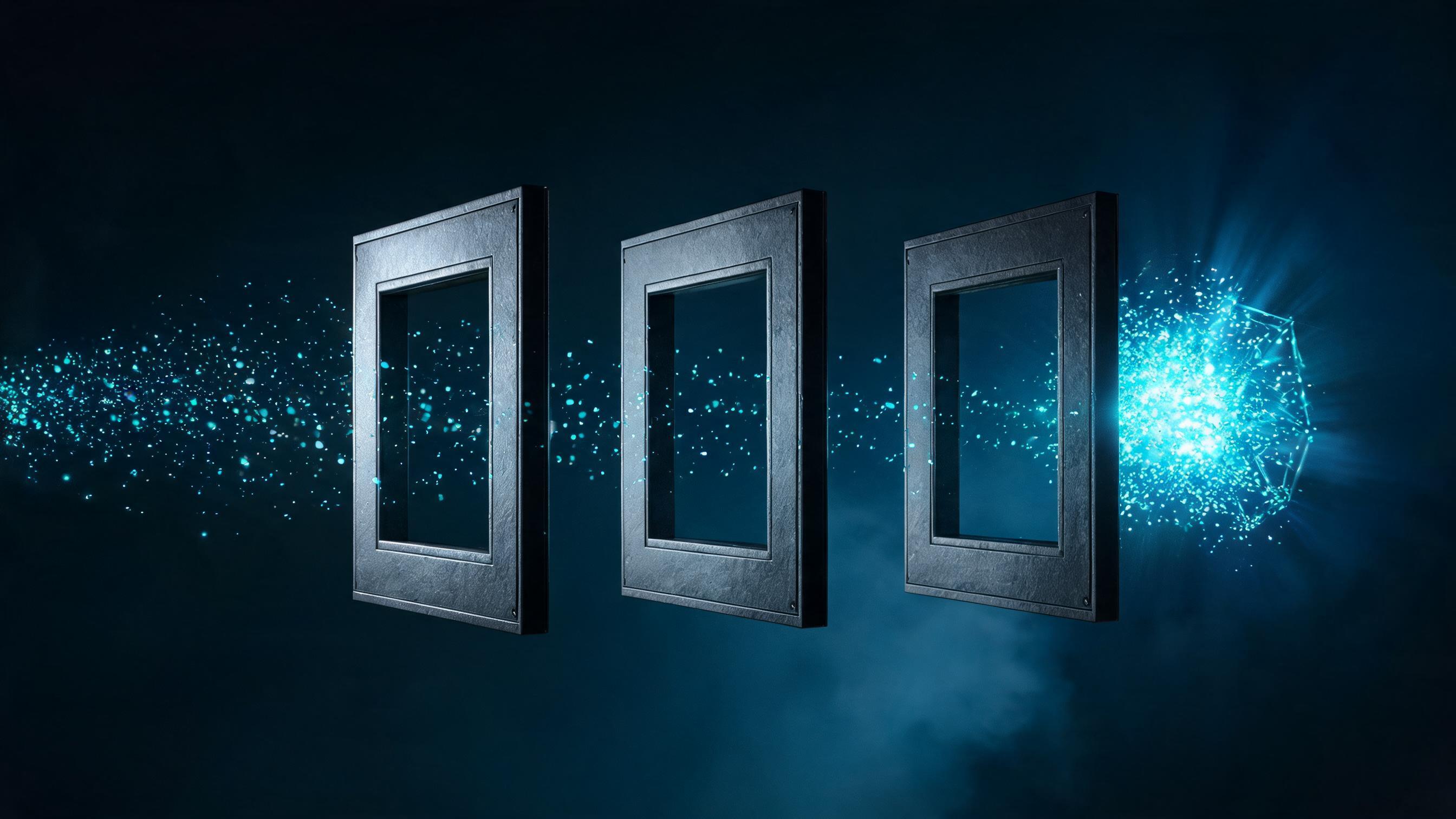 Three identical rigid frames with matching apertures; particles passing through all three converge into a dense luminous cluster, representing that competitive benchmarking is only valid when the question set, platform, and time window are completely identical.
